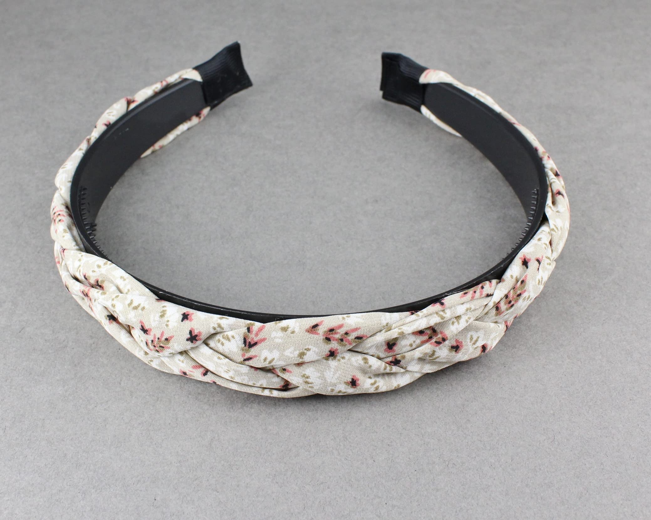 Beige Floral Braided Headband - Soft Fabric Covered Hair Band with Grip Teeth & Braid Flowers - 1 Inch Wide - Perfect for Weddings, Parties & Everyday Wear