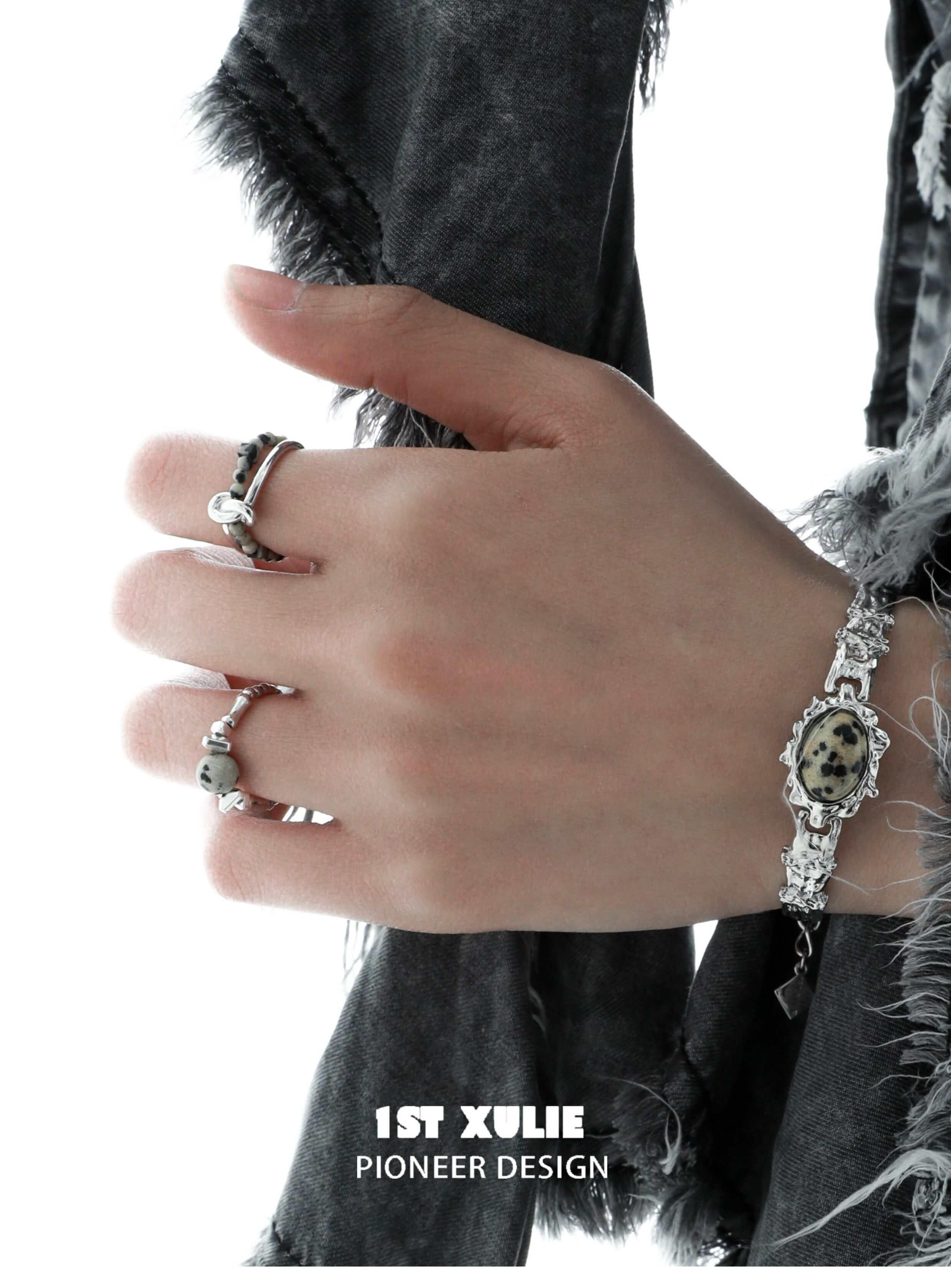 Stone Age S925 Sterling Silver Speckled Stones Open Ring for Women - Trendy Minimalist Jewelry for Everyday Wear, Gift Giving & Boho Fashion