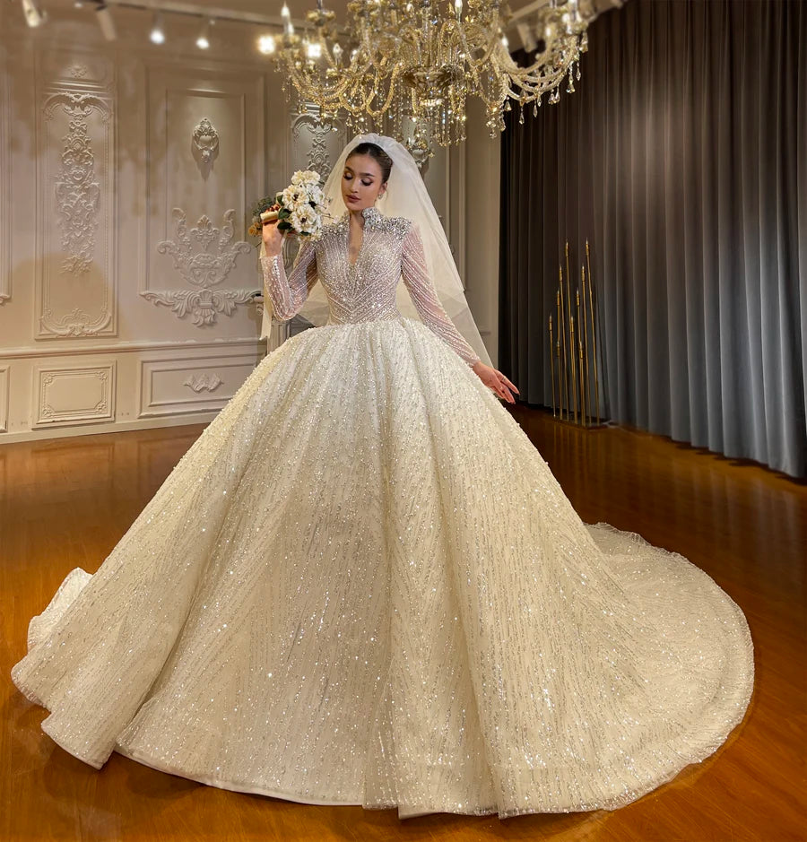 Elegant Long Sleeve Luxury Bridal Ball Gown Wedding Dress for Bride - Perfect for Church Ceremony, Formal Wedding & Princess-Style Reception