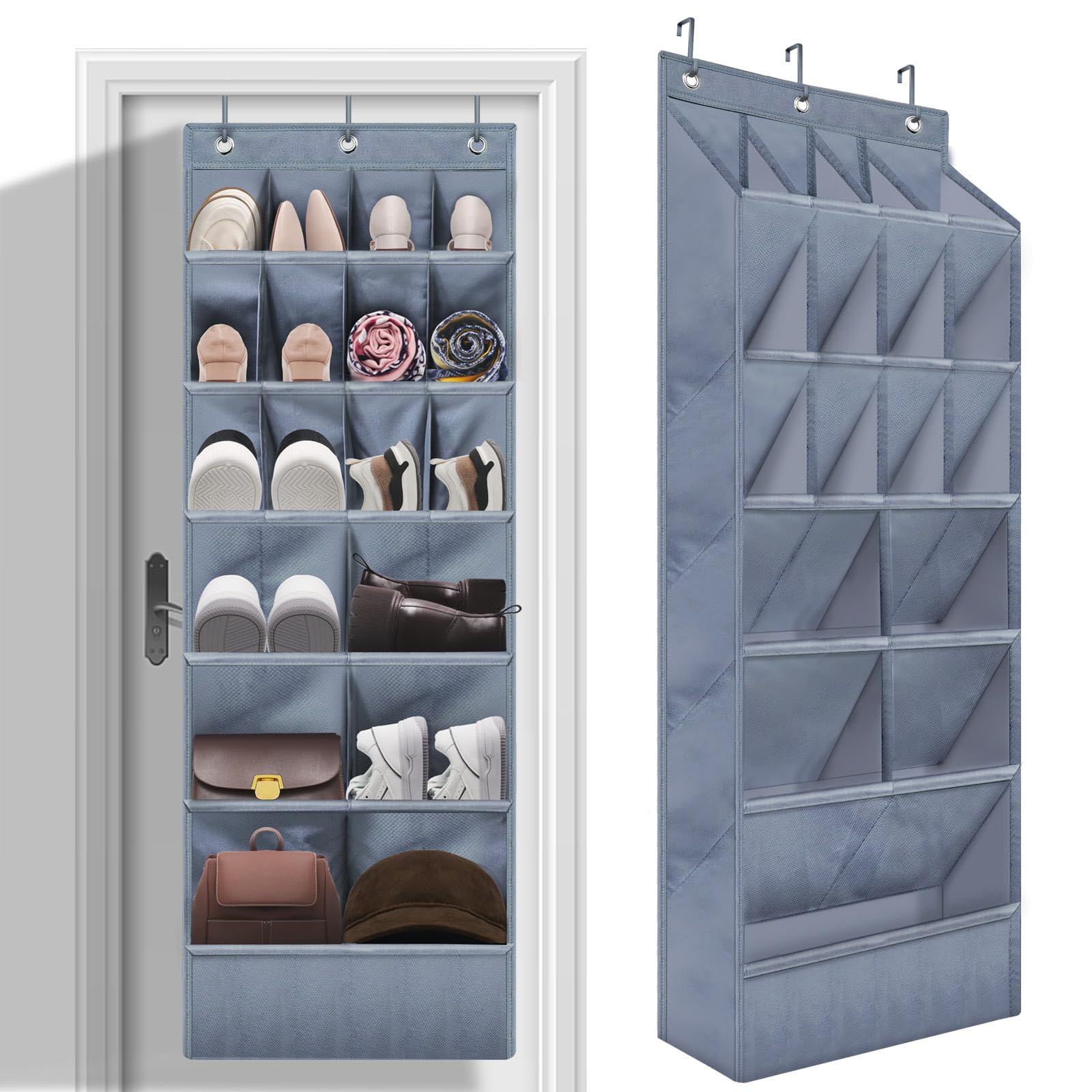 Over the Door Shoe Organizer - 17 Pocket Hanging Shoe Rack with Large Pockets, Space Saving Grey Closet Storage - Perfect for Bedroom, Closet, Entryway & Small Space Organization