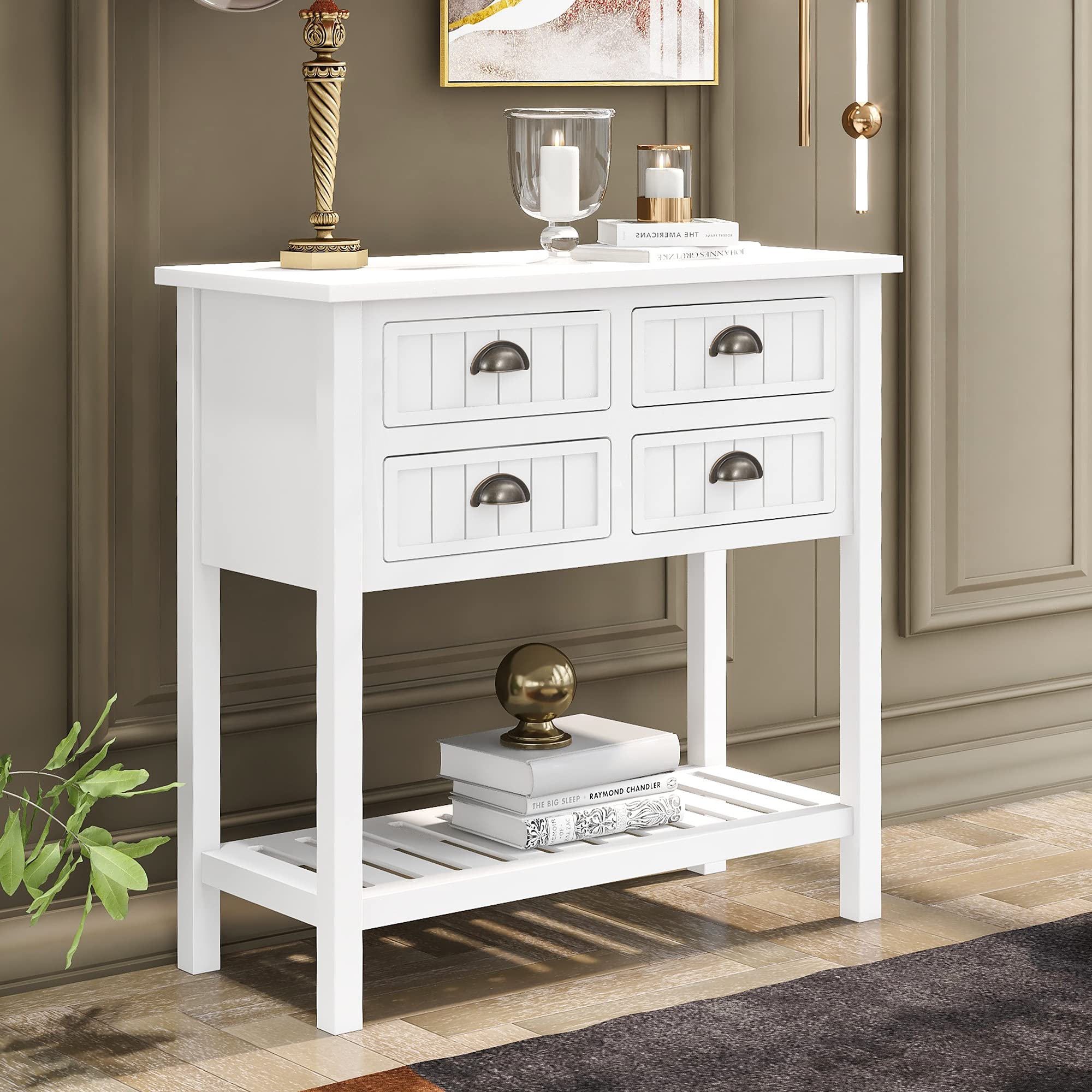 LUMISOL White Wood Console Table - Slim Small Entryway Sofa Table with 4 Drawers & Bottom Shelf - Easy Assembly for Living Room, Hallway, Bedroom or Office Decor