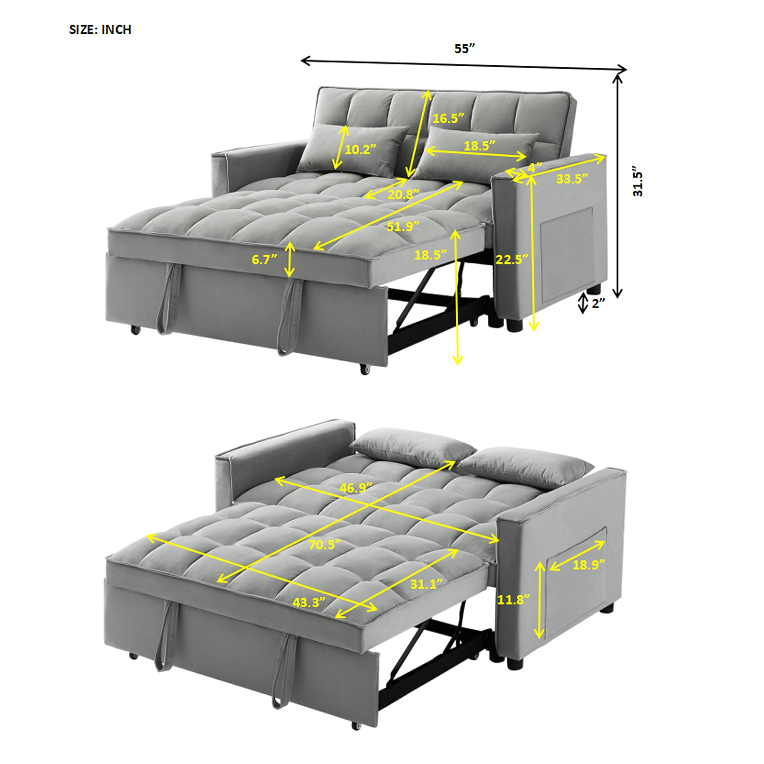 FANYE Modern Convertible Loveseat Sofa Bed - 2-Seater Sleeper Couch with Pull-Out Mechanism & Adjustable Backrest - Velvet Upholstery with Included Pillows & Side Pockets - Perfect for Small Spaces, Apartments, Guest Rooms, and Home Offices