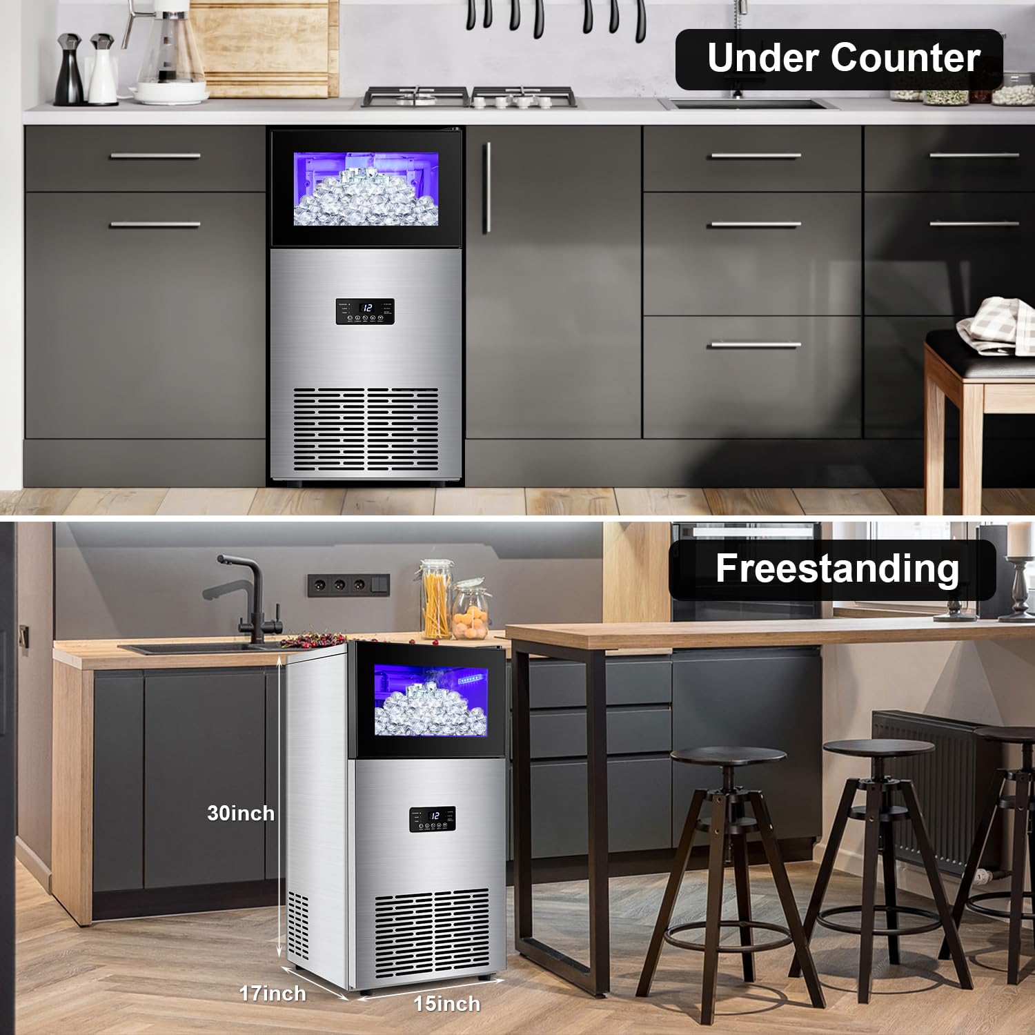 Commercial Ice Maker Machine 160Lbs/24H, 35Lbs Storage, 63 Clear Ice Cubes in 11-20 Mins - Stainless Steel Undercounter Freestanding Ice Machine for Home Bar, Restaurant, Outdoor Party & RV Use