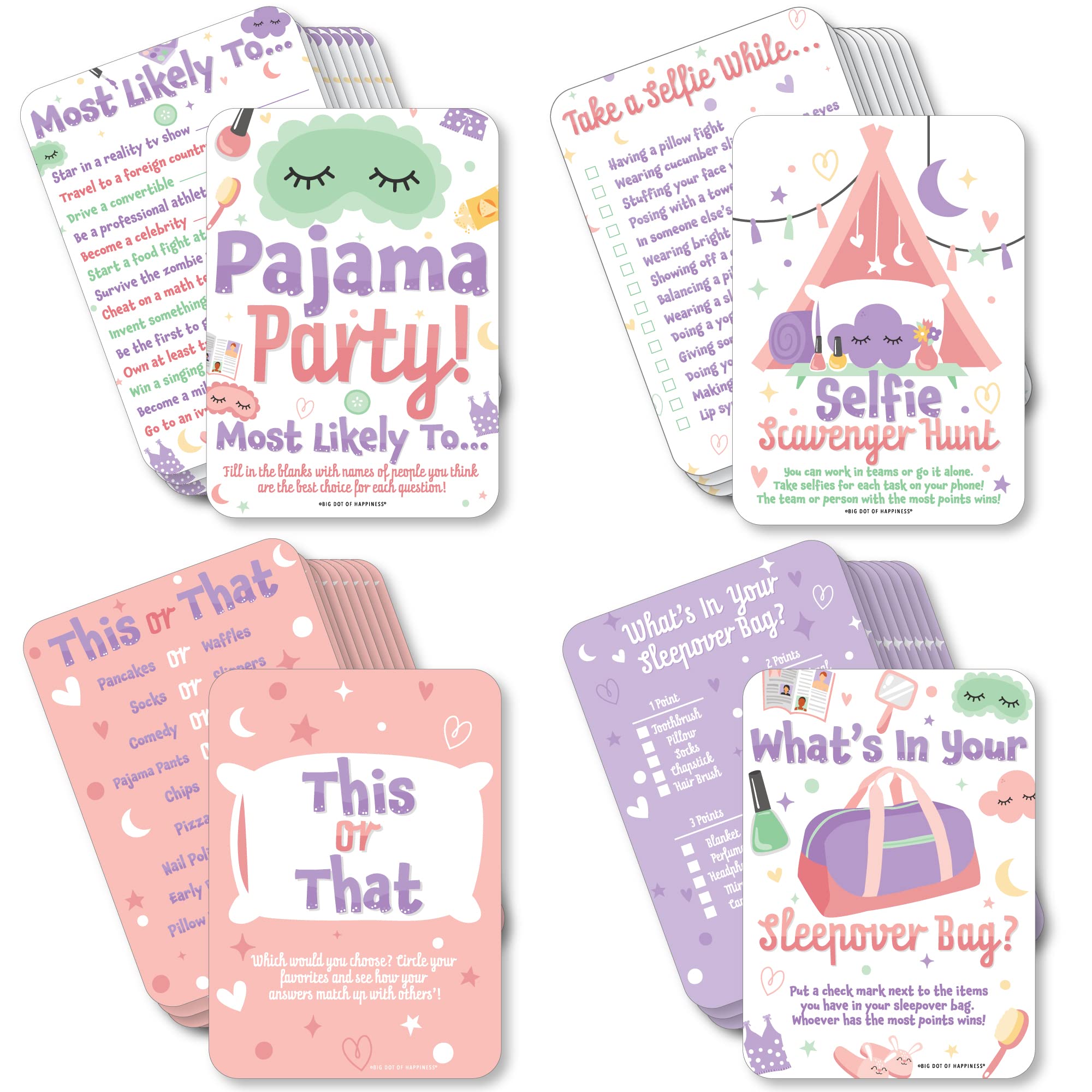 Big Dot of Happiness Pajama Slumber Party Games Set - 10 Fun Activity Cards for Girls' Sleepovers, Birthday Parties & Kids Group Games | Perfect for 4 Friends at PJ Parties, Birthday Celebrations & Family Game Nights