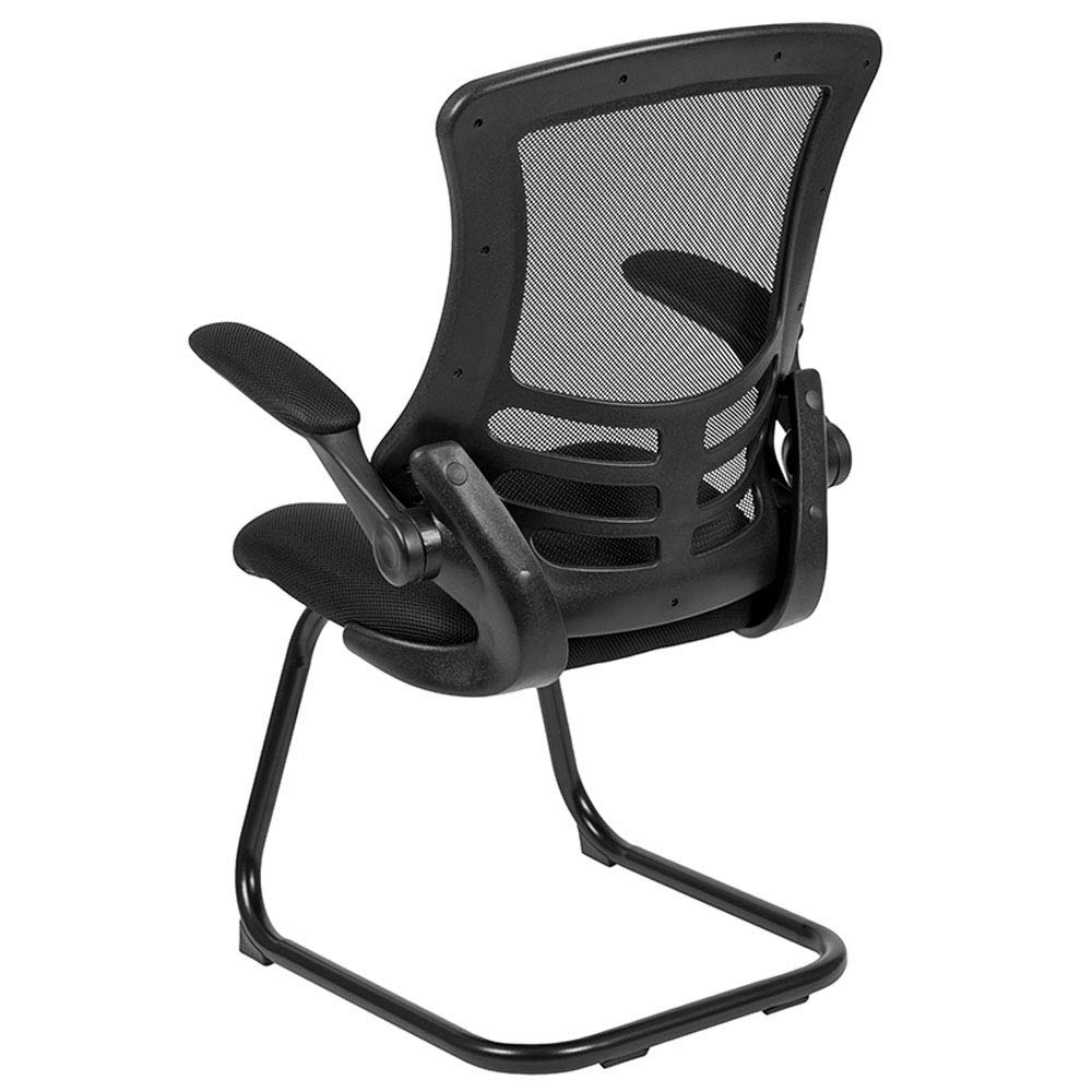 Flash Furniture Kelista Black Mesh Sled Base Side Reception Chair with Flip-Up Arms - Ergonomic Office Guest Seating for Lobby, Waiting Room & Conference Areas