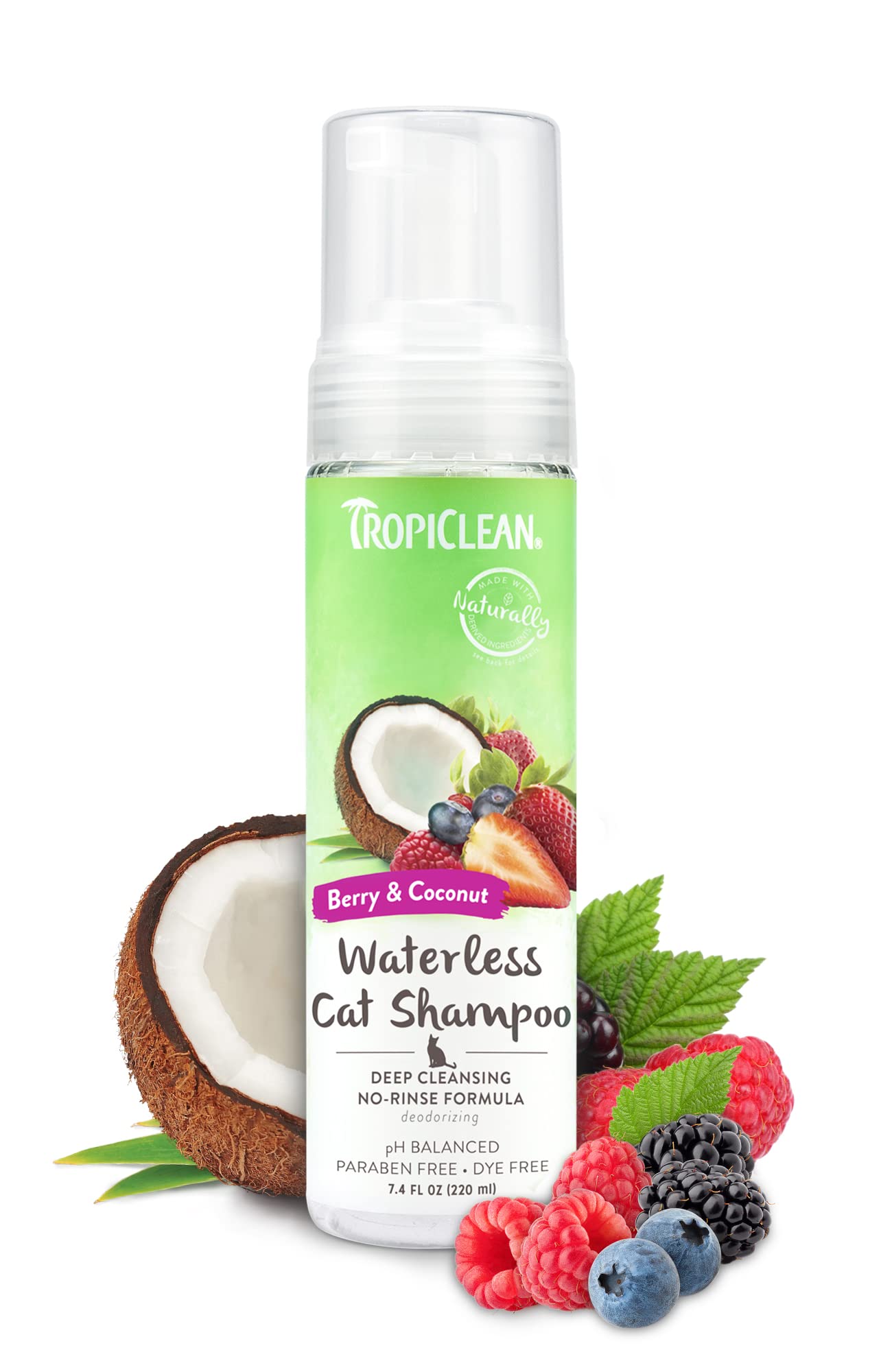 TropiClean Berry Coconut Waterless Cat Shampoo - Natural Dry Shampoo for Deep Cleansing | Made in USA | 7.4 oz | Gentle Formula with Coconut & Berry Extracts | Perfect for Quick Cleaning Between Baths & Travel Use