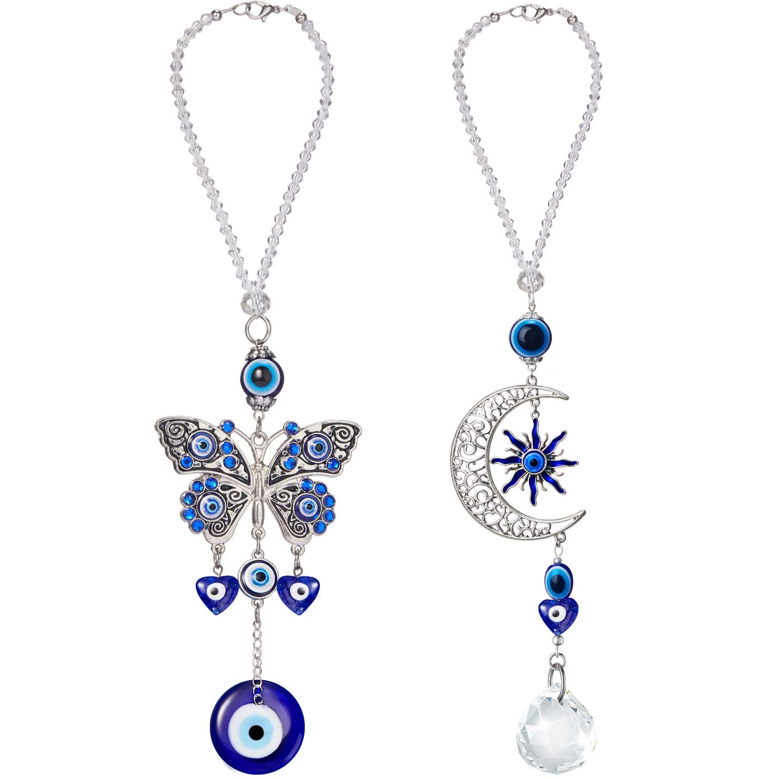 2 Pack Evil Eye Car Hanging Ornament - Blue Evil Eye Protection Charm for Rearview Mirror, Stylish Moon & Butterfly Car Pendant Decor - Perfect for Car Windows, Home Doors & Good Luck Gift
