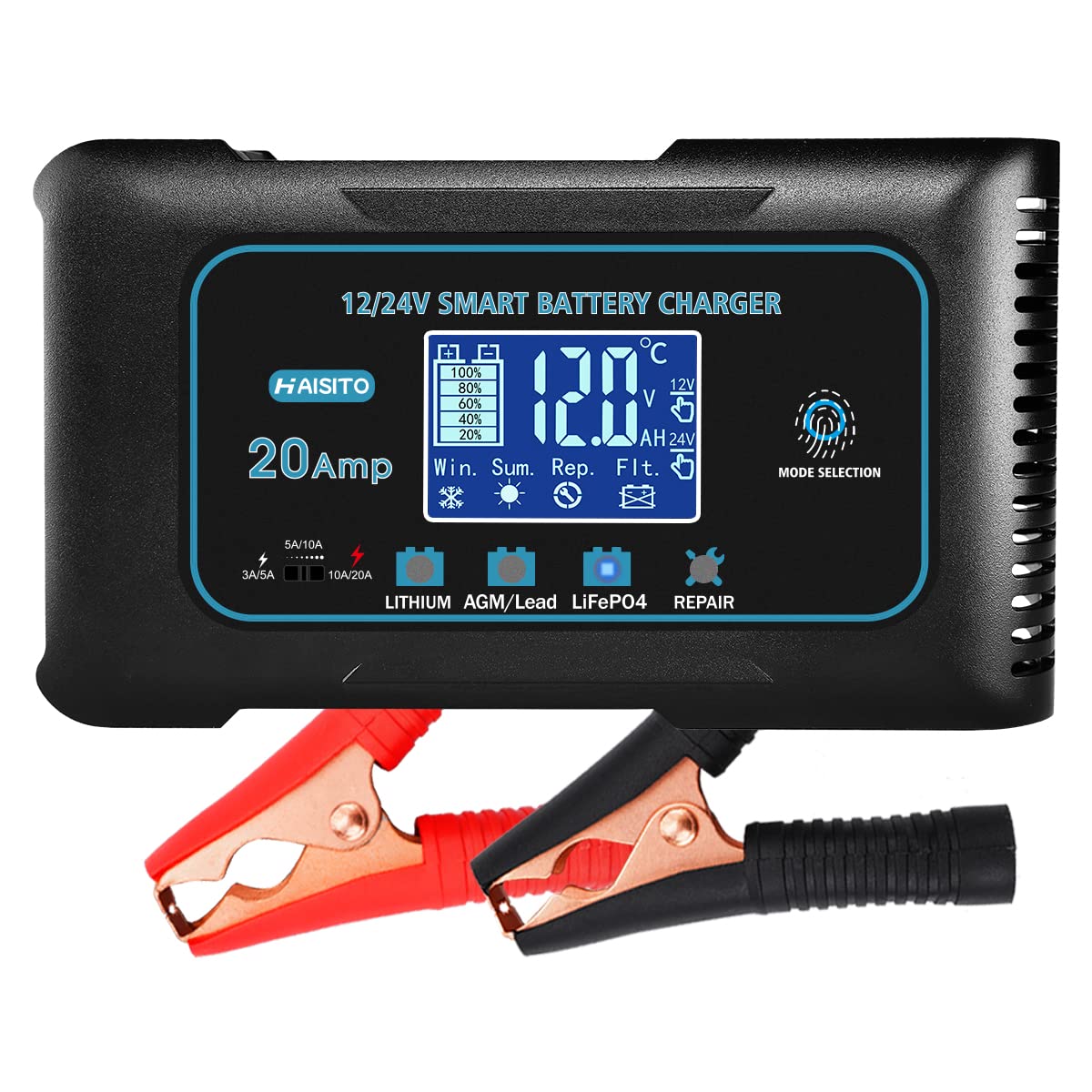 20A Lithium Battery Charger for 12V & 24V LiFePO4, AGM, Gel, SLA - Portable Car Battery Charger, Maintainer, Trickle Charger & Desulfator for Automotive, Marine, Motorcycle & RV Use - Perfect for Long-Term Storage & Winter Maintenance