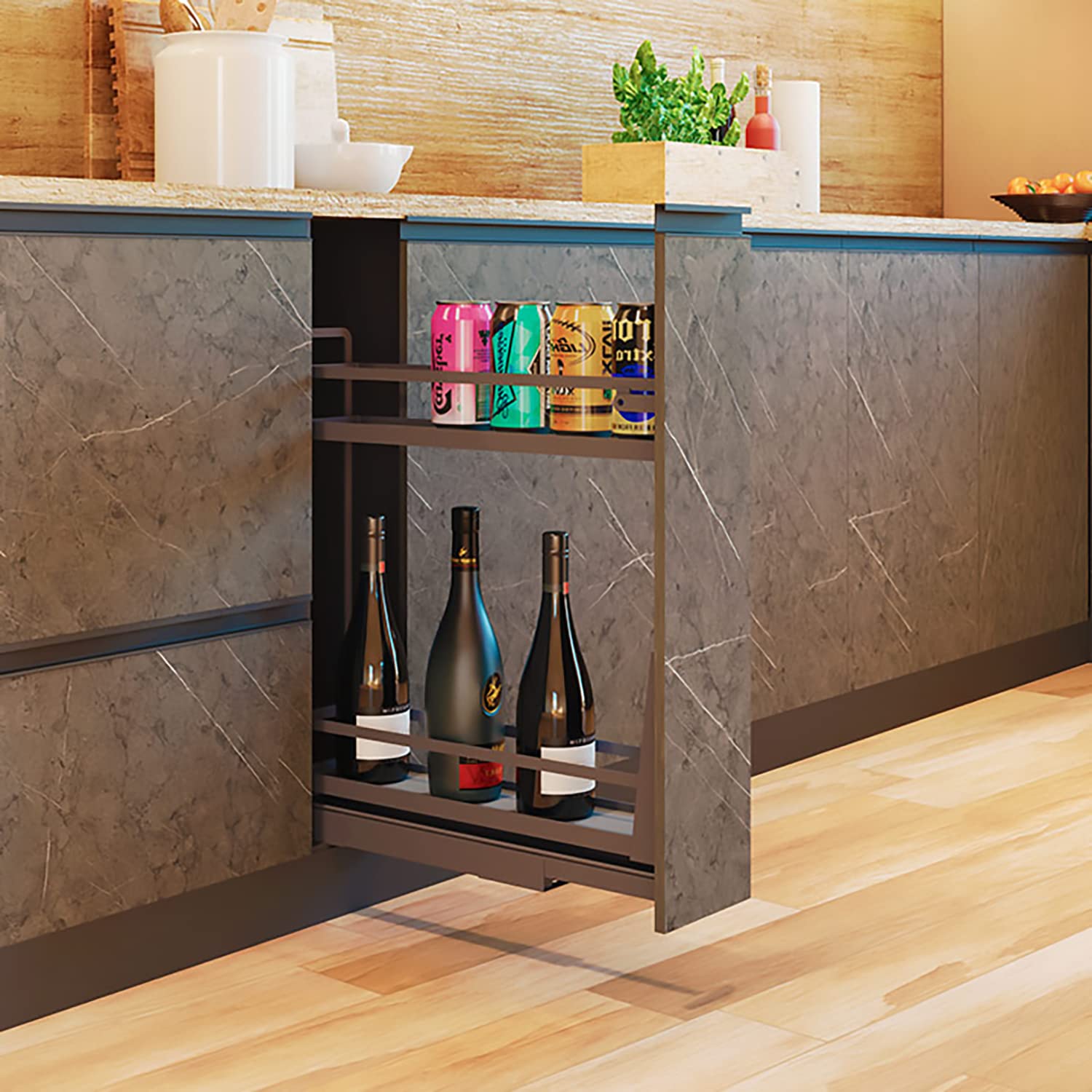 Tuhome Gray Pull Out Bottle Rack for Kitchen Cabinet - Soft Close Organizer with 77 lbs Capacity | Space Saving Storage Solution for Wine, Oil & Spice Bottles
