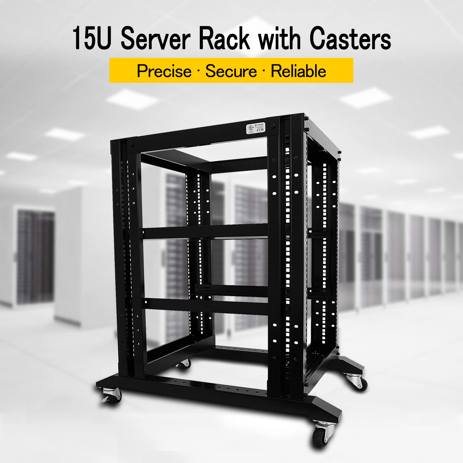 15U 4 Post Open Frame 19-Inch Server Rack | 22-Inch Deep Steel Audio Equipment Rack for Data Centers & Home Studios