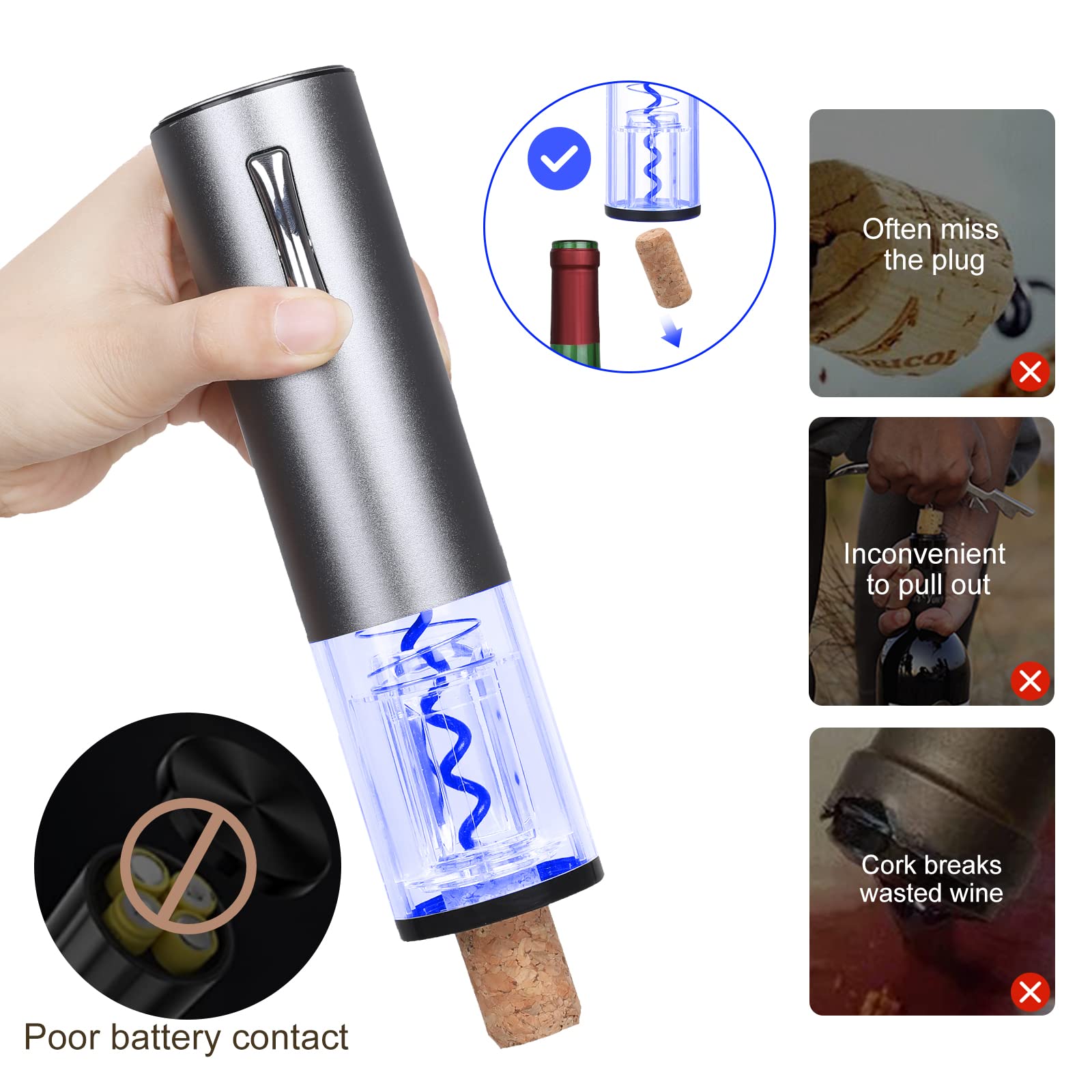 Anpro Electric Wine Opener Set - Rechargeable Corkscrew with Charging Base, Vacuum Pump, Wine Stopper & Pourer - Perfect Gift for Wine Lovers, Dinner Parties & Holiday Gifts (Grey)