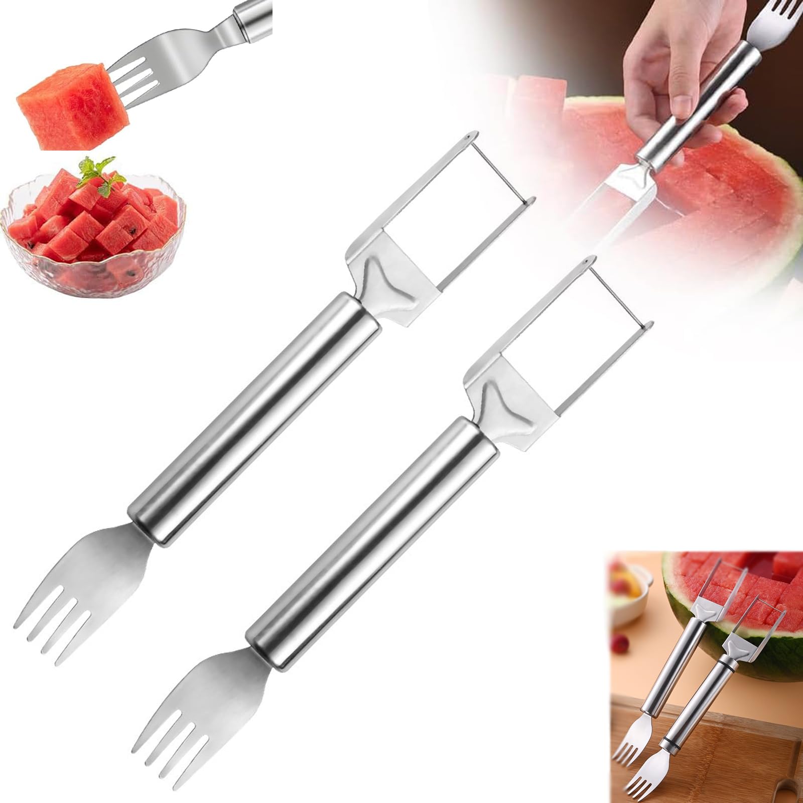 2Pcs 2024 New Stainless Steel Watermelon Cutter & Slicer - 2-in-1 Dual Head Fruit Knife & Fork for Watermelon, Melon, Pineapple - Summer BBQ, Picnic, Party Essential Kitchen Tool (Silver)