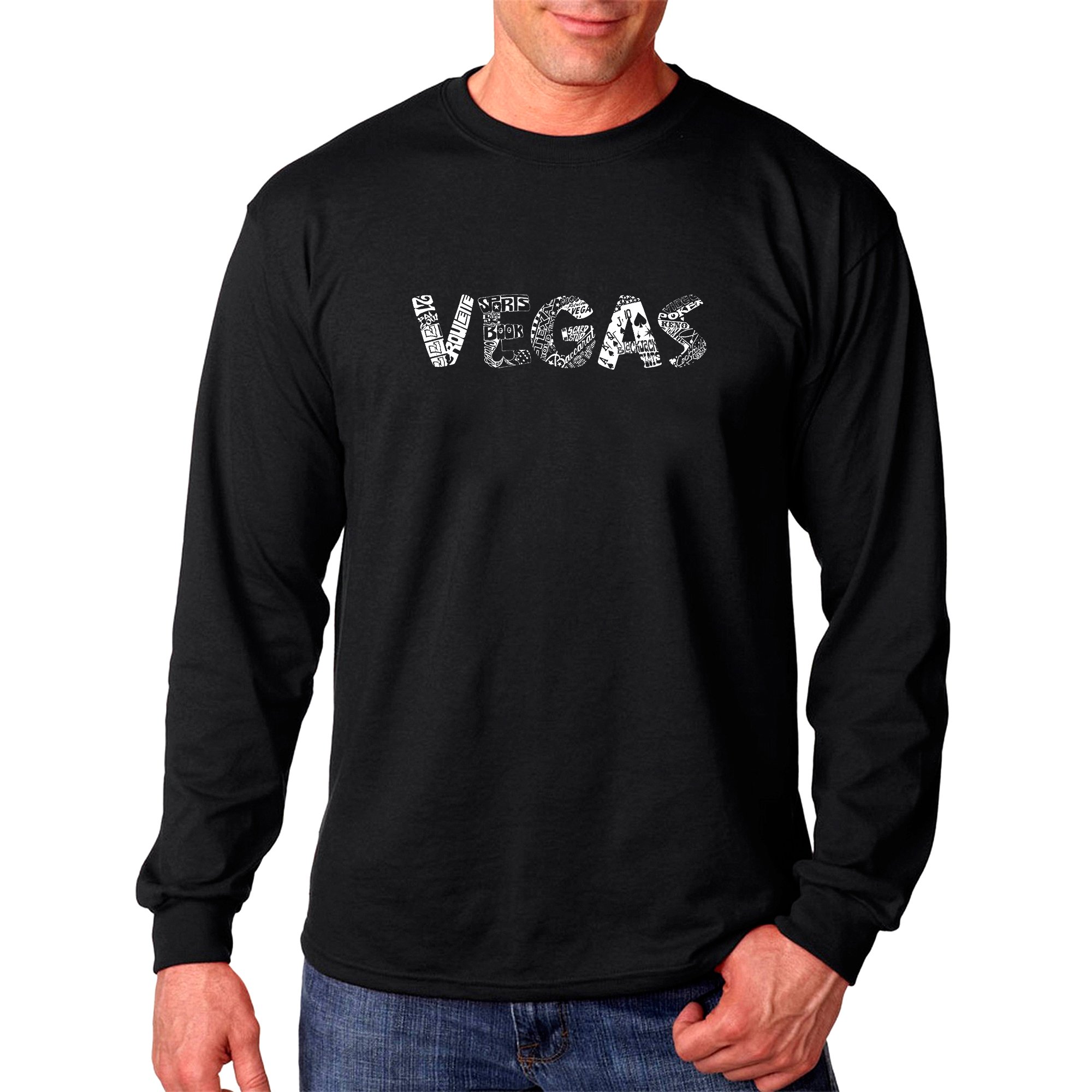LA POP ART Men's Long Sleeve Graphic T-Shirt with Vegas Word Art - Perfect for Casual Wear, Street Style & Night Out