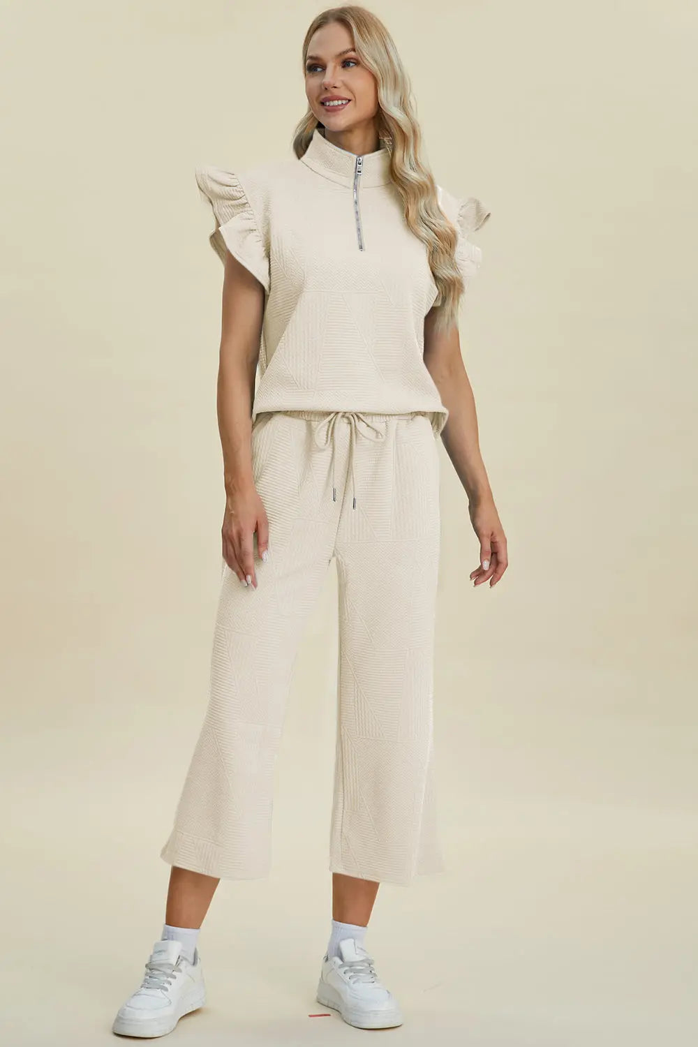 Double Take Women's Full Size Textured Ruffle Short Sleeve Top & Wide Leg Pants Set | Casual Outfit for Summer, Beach, Date Night & Office Wear