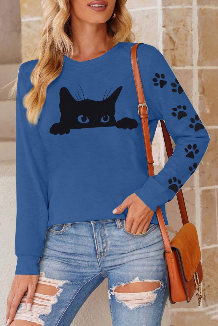 Black Cat Graphic Tee for Women - Cute Cat Mom Long Sleeve Pullover Shirt | Perfect for Casual Wear, Cat Lover Gifts & Halloween Outfits