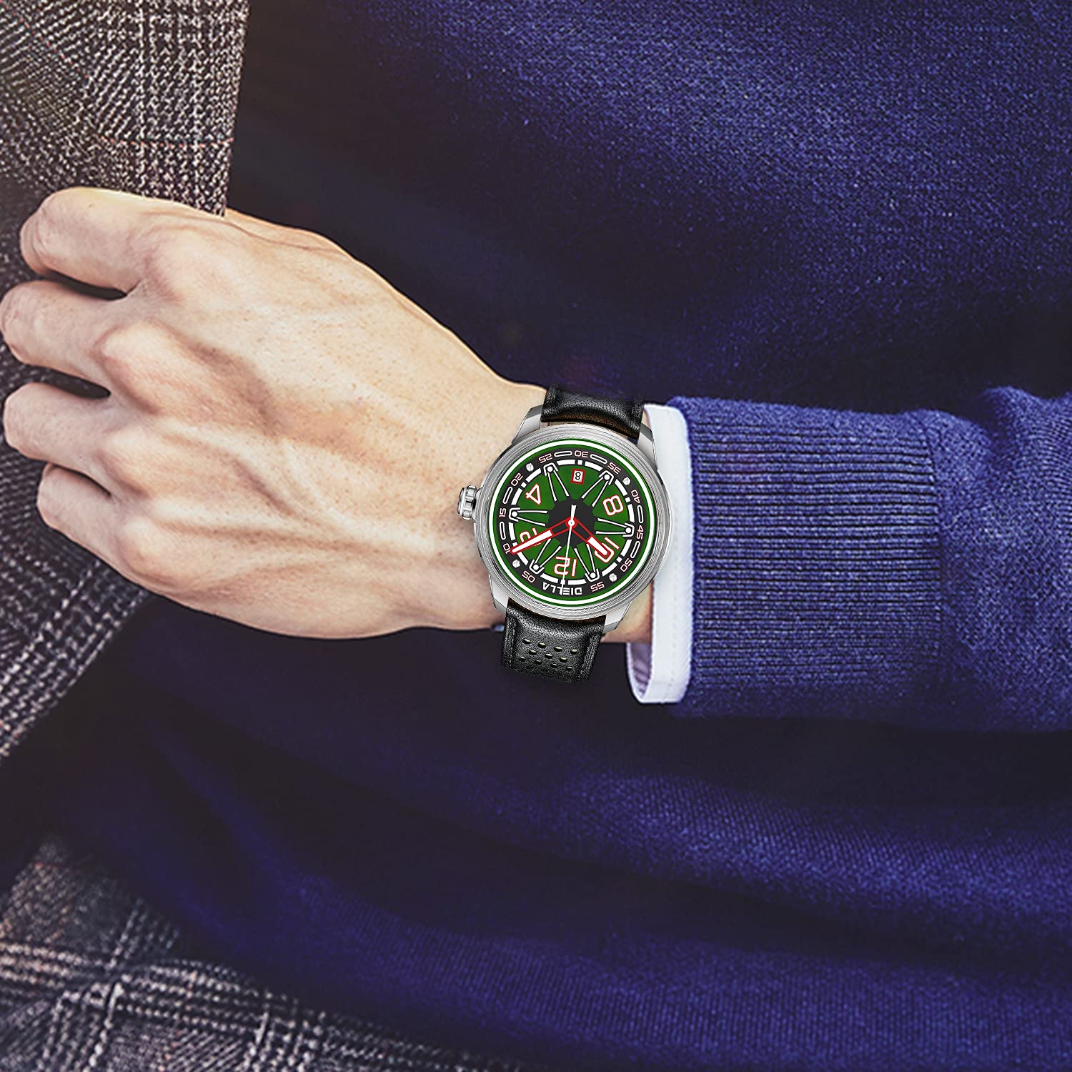 Diella Automatic Men's Watch - Black Leather Strap, Mechanical Movement, Waterproof, Luminous Hands, Date Display (Model AD6029) | Perfect for Business, Formal Occasions & Everyday Wear