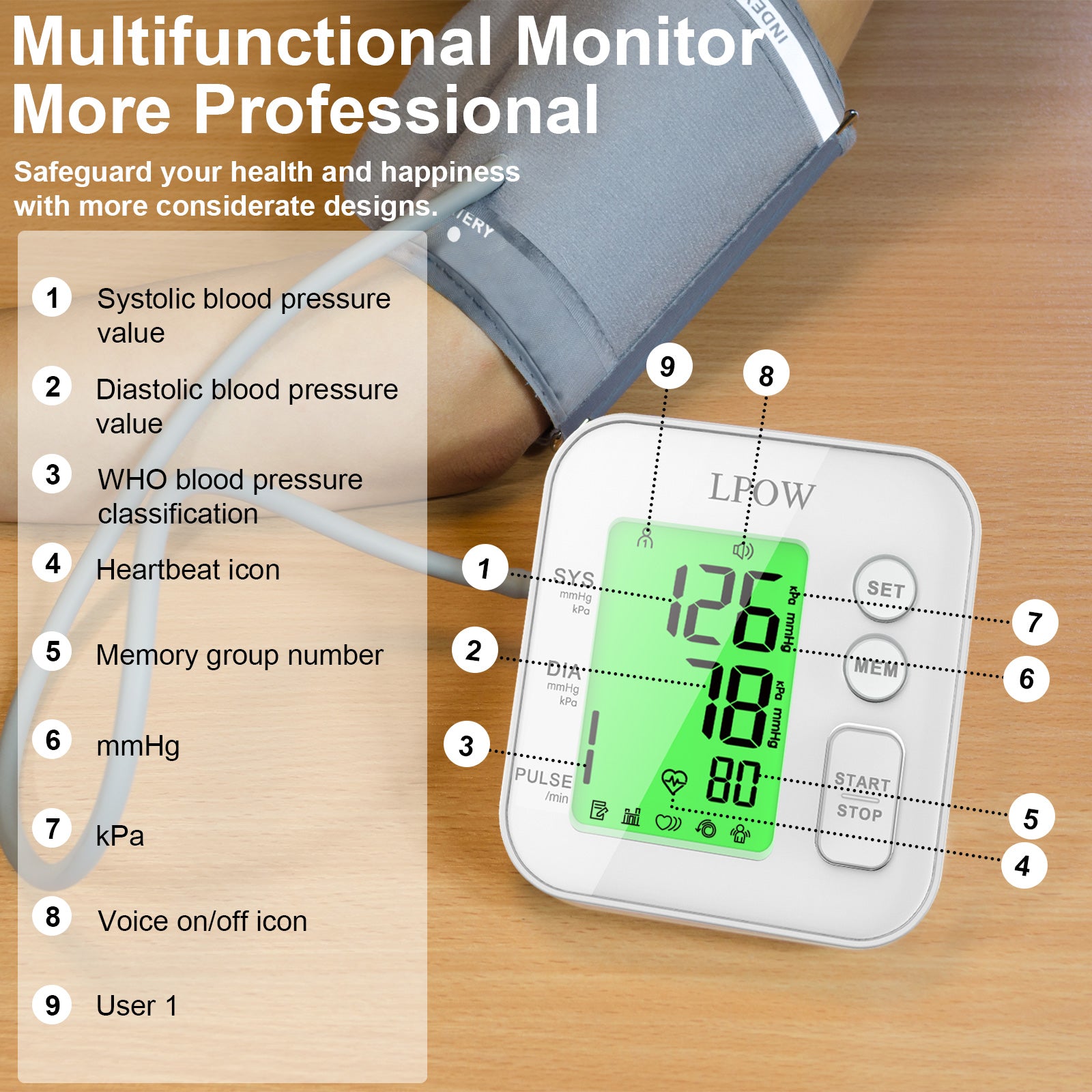 LPOW Upper Arm Blood Pressure Monitor with Voice Speaker - Large Cuff 8.7