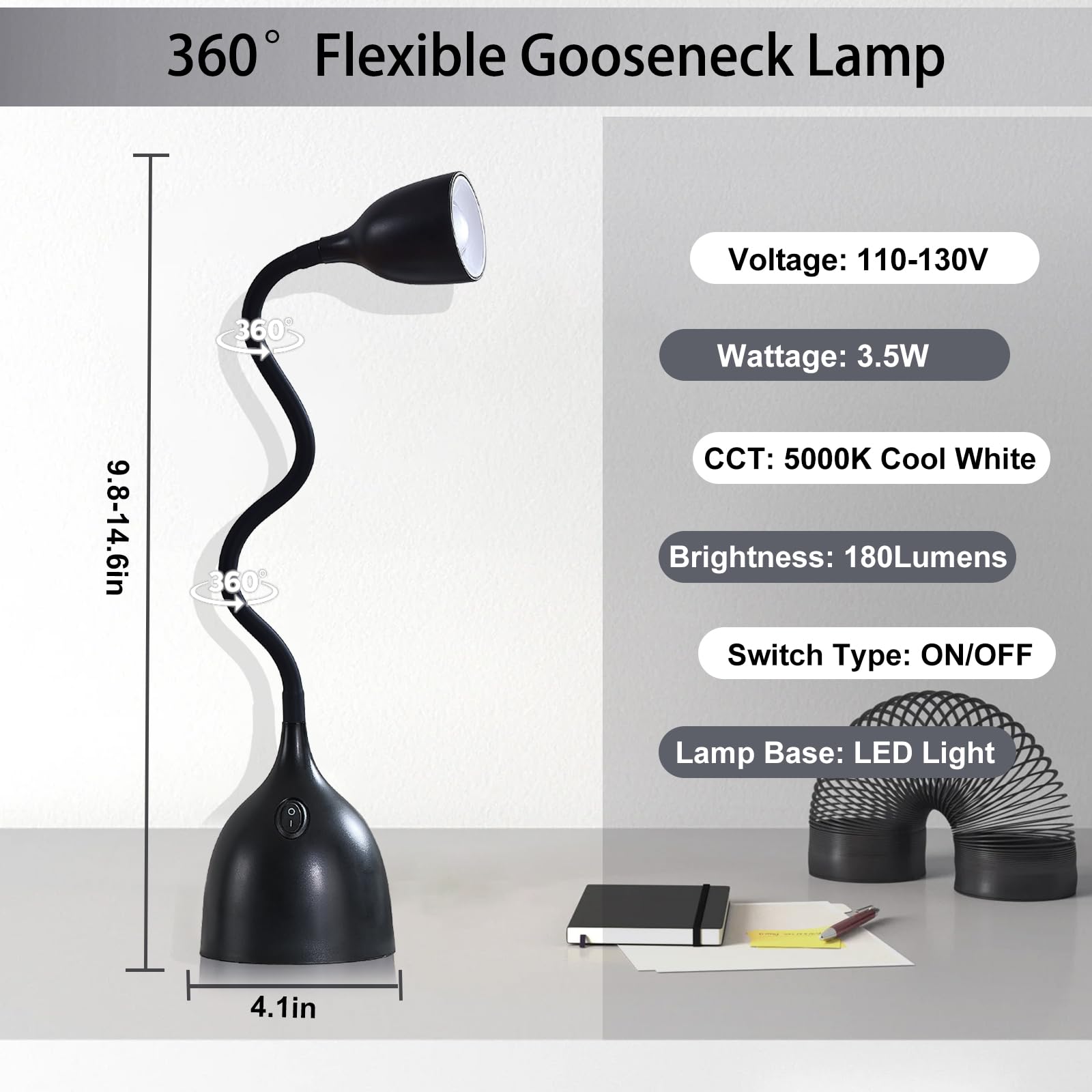 Adjustable LED Desk Lamp for Home Office & Study - Flexible Gooseneck Reading Light with Eye-Caring Technology - Perfect for College Dorm Rooms, Night Reading & Computer Work (Black)