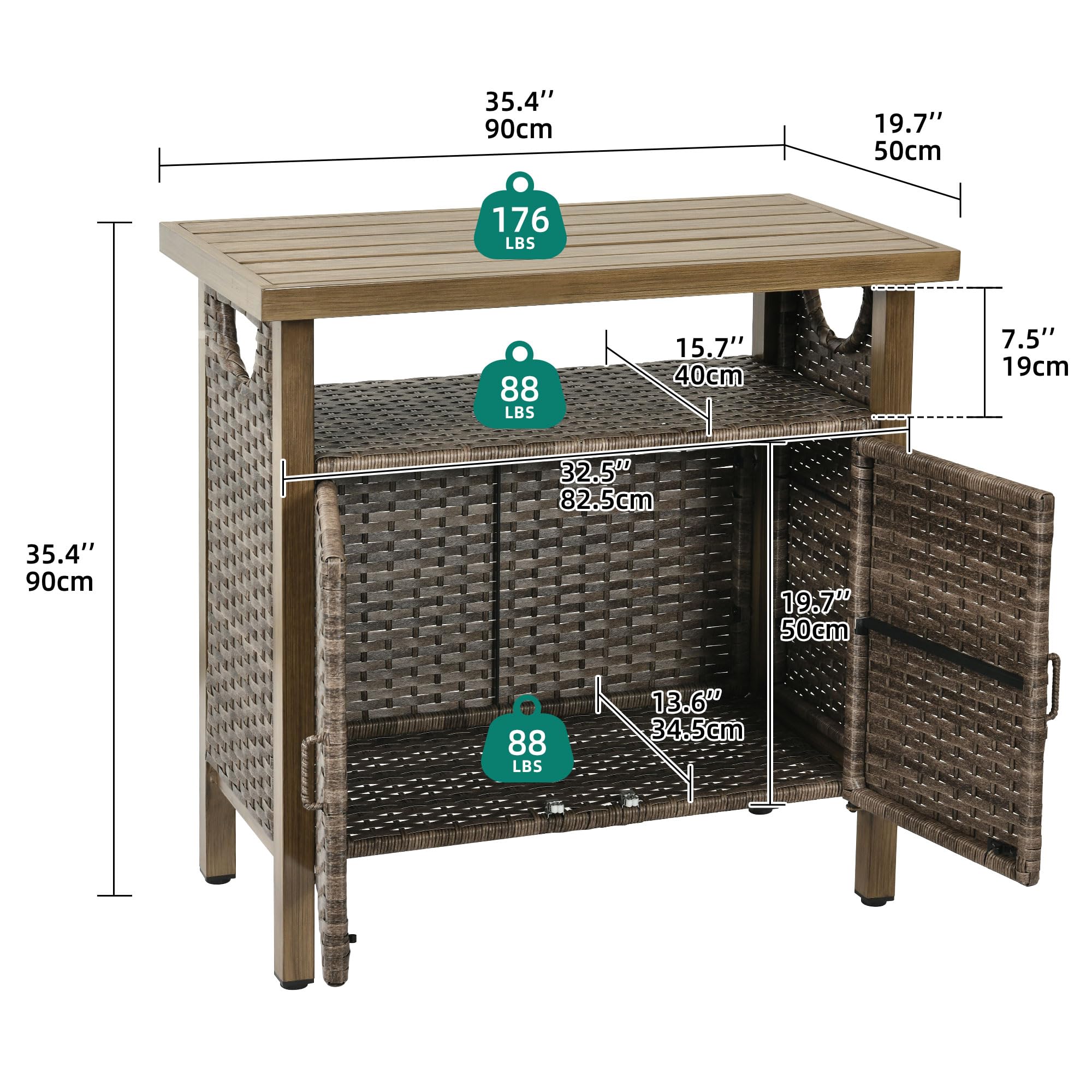 YITAHOME Outdoor Storage Cabinet with Two Doors and Shelves - Weatherproof Wicker Patio Bar Table for Cushions, Pool Tools & Garden Supplies - Brown - Perfect for Backyard, Patio, and Poolside Organization
