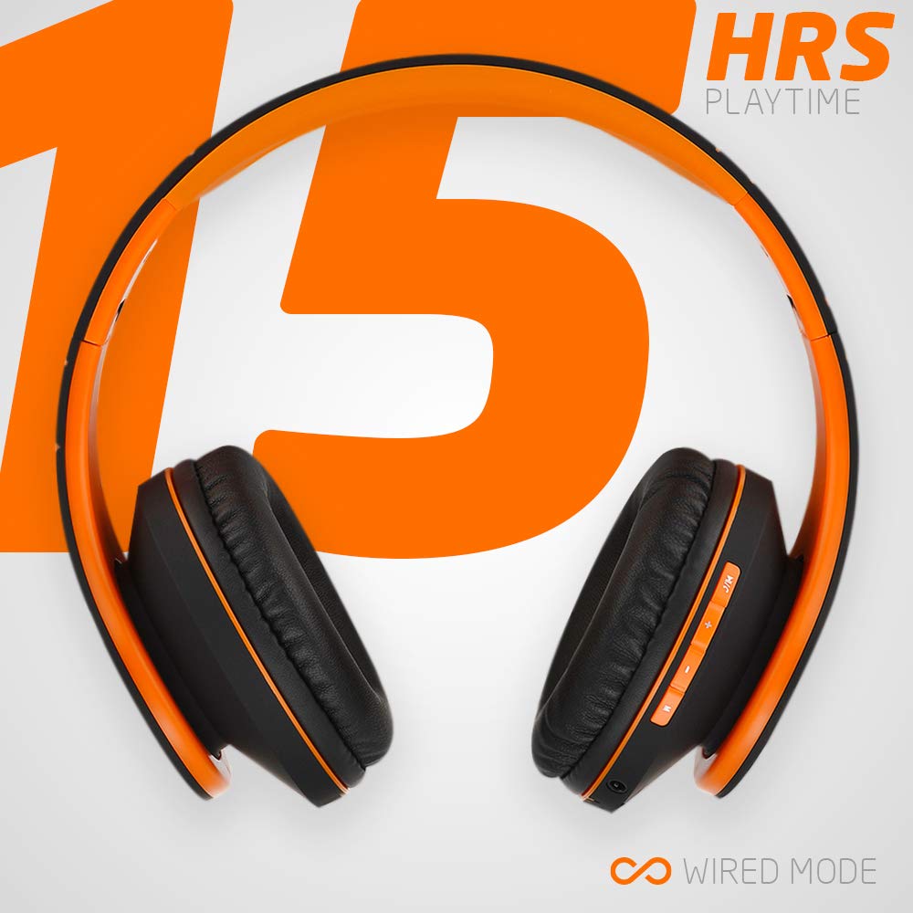 PowerLocus Bluetooth Over-Ear Headphones - Wireless Stereo Foldable Headset with Built-in Mic, Micro SD/TF, FM - Compatible with iPhone, Samsung, iPad, PC (Black/Orange) - Perfect for Travel, Workouts, and Home Entertainment