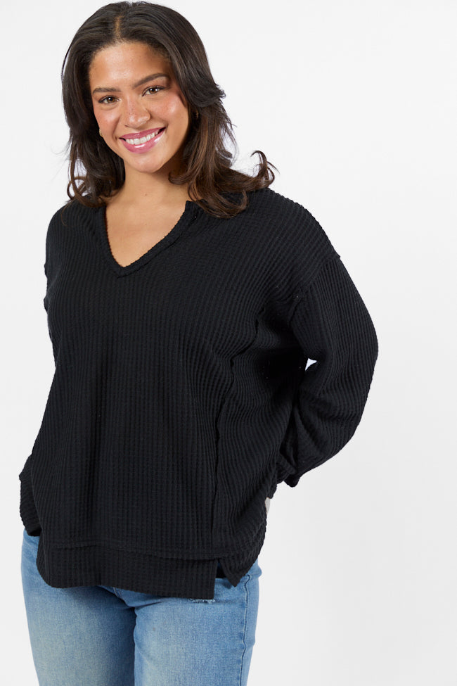 Stylish Black Brushed Waffle Knit Oversized Sweater Top for Women | Cozy Winter Fashion | Perfect for Casual Outings, Date Nights & Layering