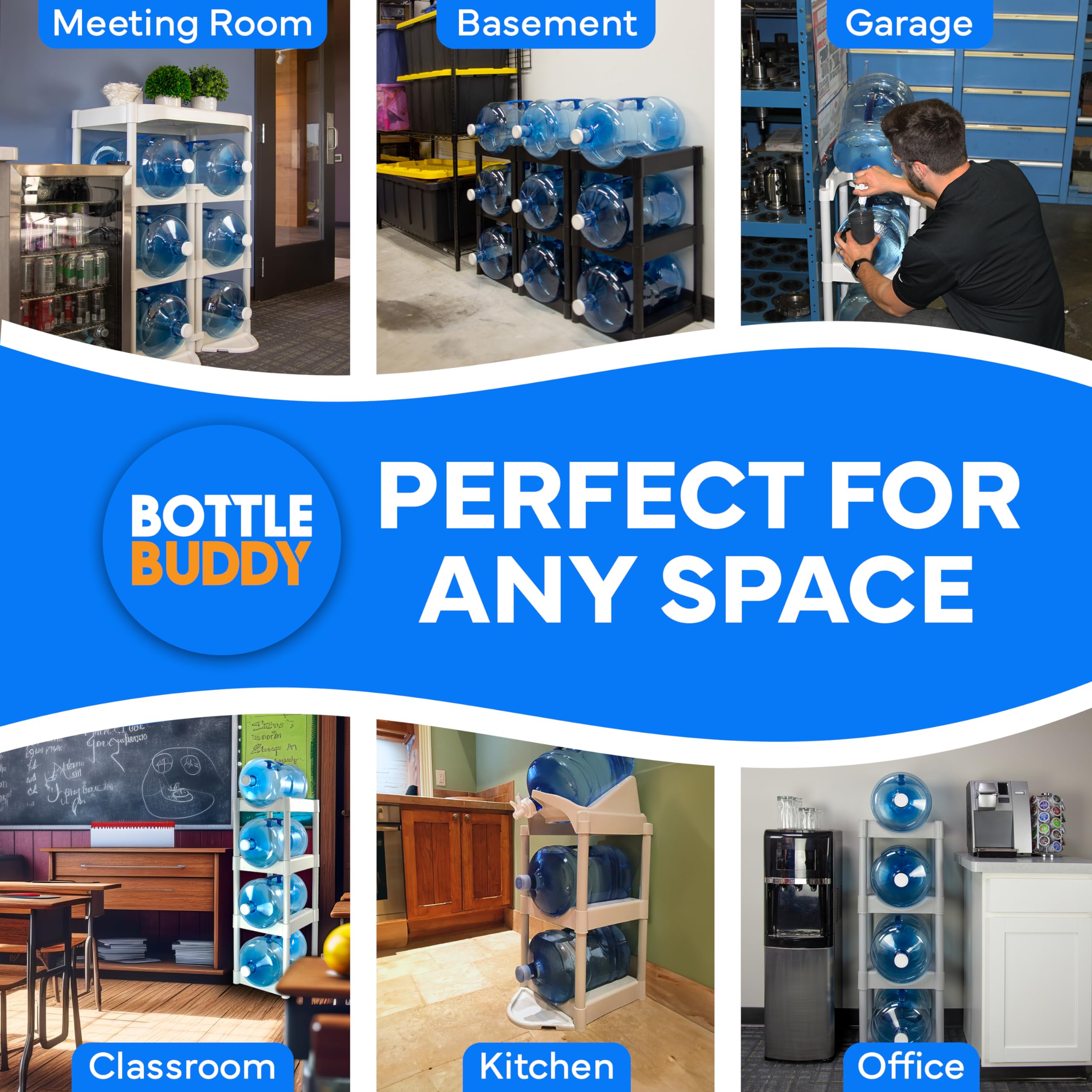 Bottle Buddy 6-Tray Water Bottle Storage Rack - Plastic Organizer for 3-5 Gallon Bottles | Customizable Gallon Holder for Home, Office & Pantry Organization | Space-Saving Solution for Water Dispensers & Bulk Water Storage