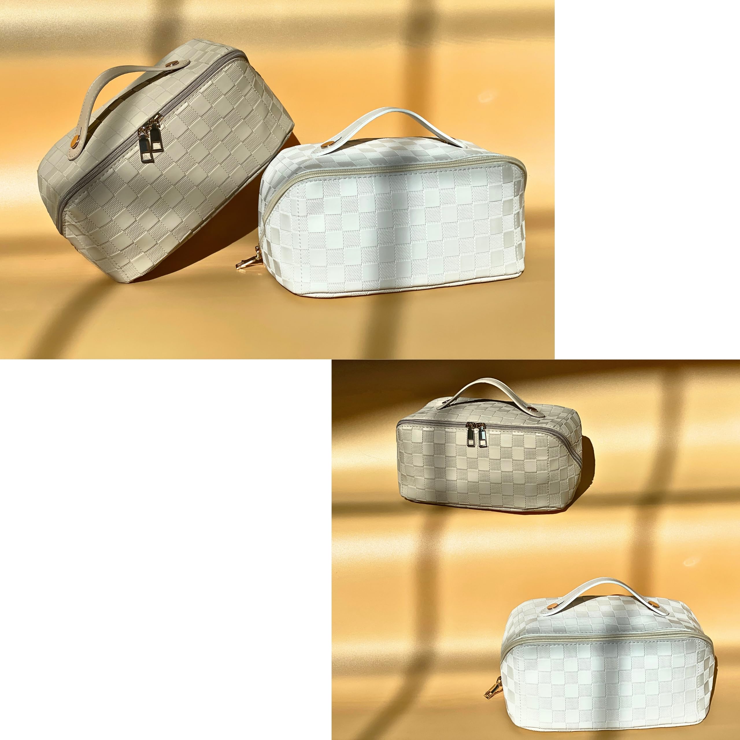 Large Capacity Waterproof Leather Travel Cosmetic Bag - Flat Opening Makeup Organizer with Handle & Divider for Easy Access | Perfect for Vacation, Gym & Daily Toiletry Storage