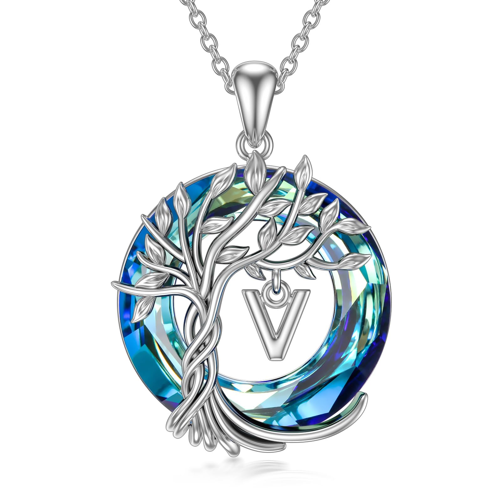 TOUPOP 925 Sterling Silver Tree of Life Initial Necklace - Personalized Letter Pendant with Blue Crystals, Elegant Jewelry Gift for Women | Birthday, Mother's Day, Anniversary Present - Perfect for Special Occasions & Everyday Wear