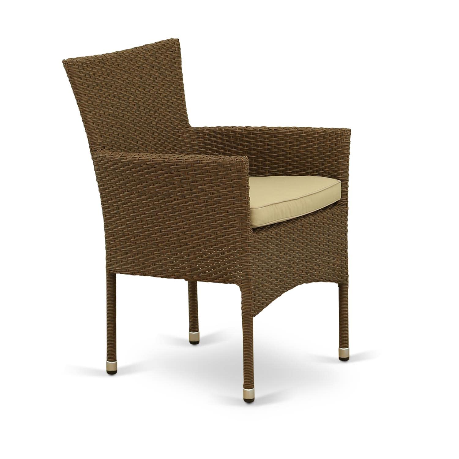 East West Furniture BKLC102A Outdoor Patio Wicker Arm Chairs with Cushion, Set of 2, Brown - Perfect for Garden, Poolside, or Backyard Relaxation