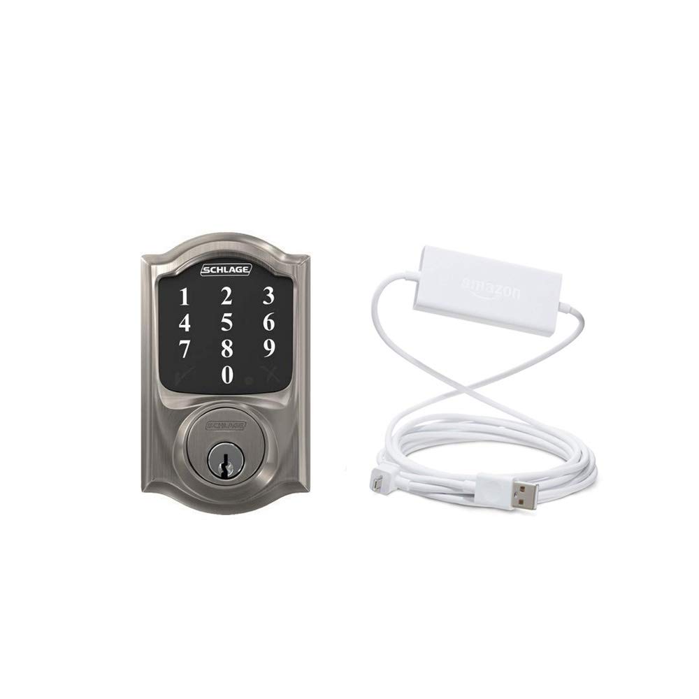 Schlage Connect Smart Deadbolt Camelot - Satin Nickel Finish, Zigbee Certified & Amazon Cloud Cam Cable (Key Edition) | Works with Alexa & Amazon Key | Secure Smart Lock for Front Doors, Apartments & Vacation Homes