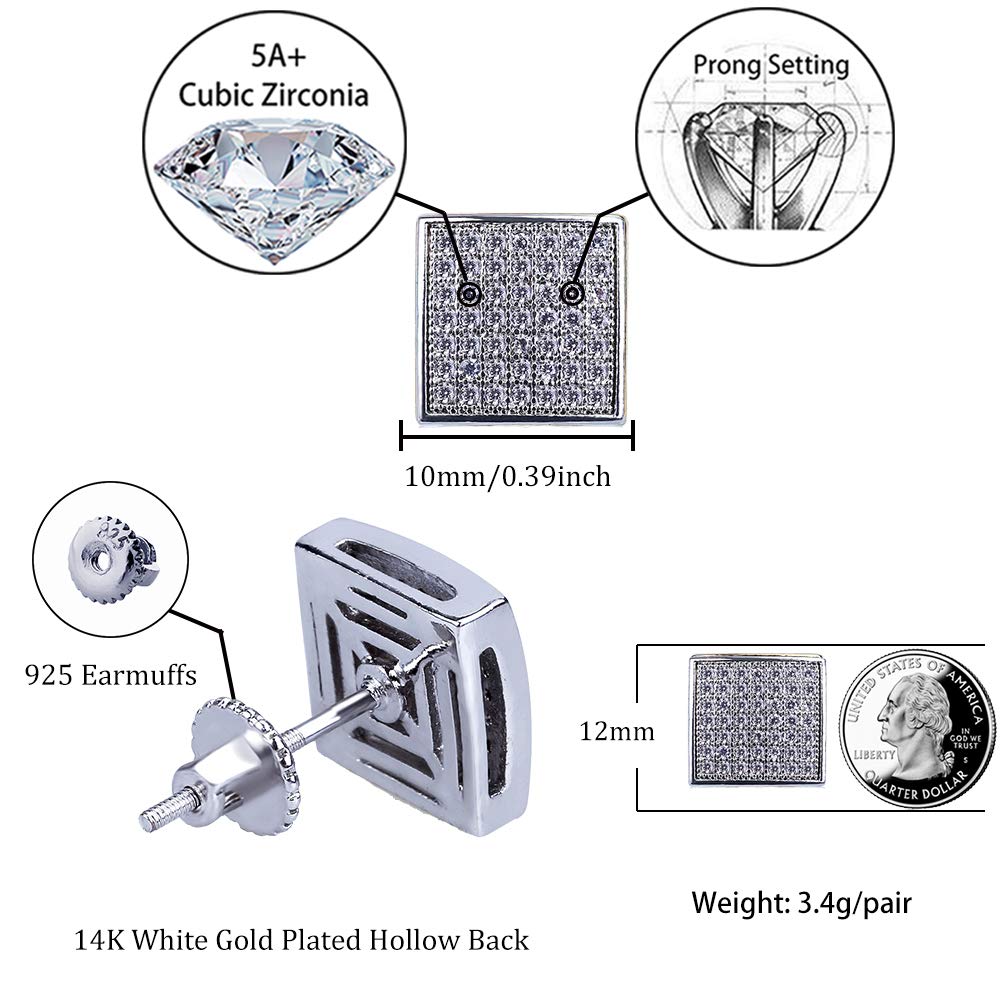 TOPGRILLZ 925 Sterling Silver Square Screw Stud Earrings - 14K Gold Plated 5A+ Cubic Zirconia Iced Out Hypoallergenic Earrings for Men & Women - Perfect for Parties, Weddings, and Everyday Luxury Wear