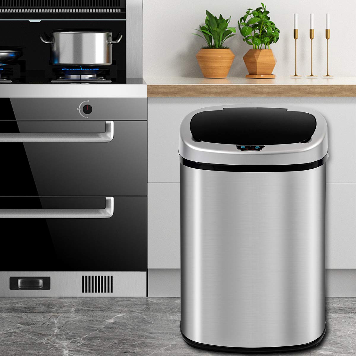 Automatic Touch-Free Stainless Steel Trash Can - 13 Gallon/50L High-Capacity Kitchen Garbage Bin with Lid for Bathroom, Bedroom & Home Office - Odor Control & Hands-Free Operation for Hygienic Waste Disposal