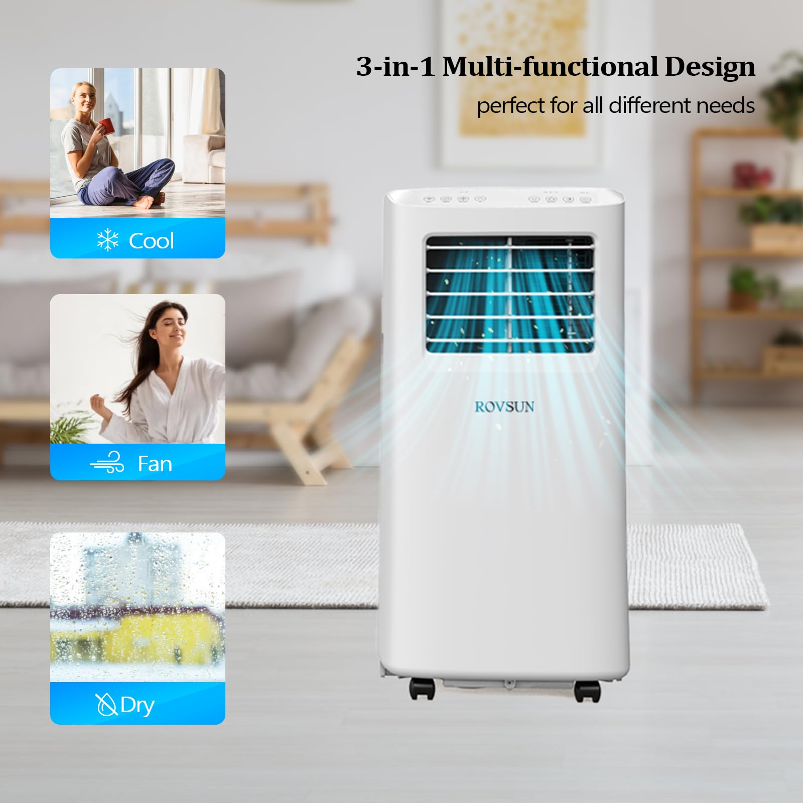 ROVSUN 8000 BTU Portable Air Conditioner with Remote Control - 3-in-1 Cooling, Fan & Dehumidifier for Home, Office, Dorm - Digital Display, 24H Timer & Easy Installation Kit - Perfect for Small Rooms, Bedrooms & Hot Summer Days