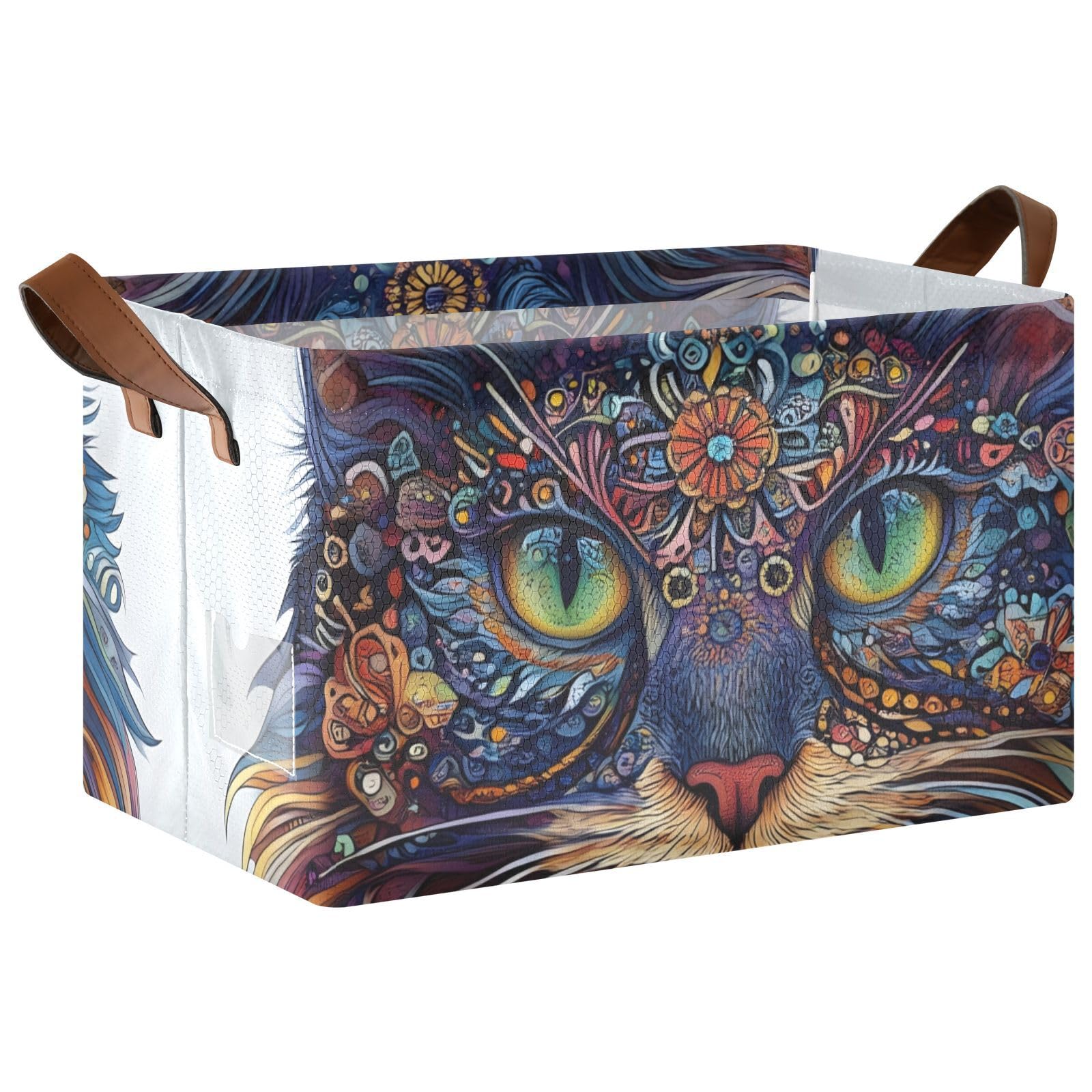 2-Pack Foldable Storage Cubes with Tribal Cat Print - 16.9×11.4×7.7 Inch Water Resistant Fabric Storage Bins with Steel Frame for Closet, Shelf & Home Organization - Perfect for Bedroom, Nursery & Office Storage Solutions