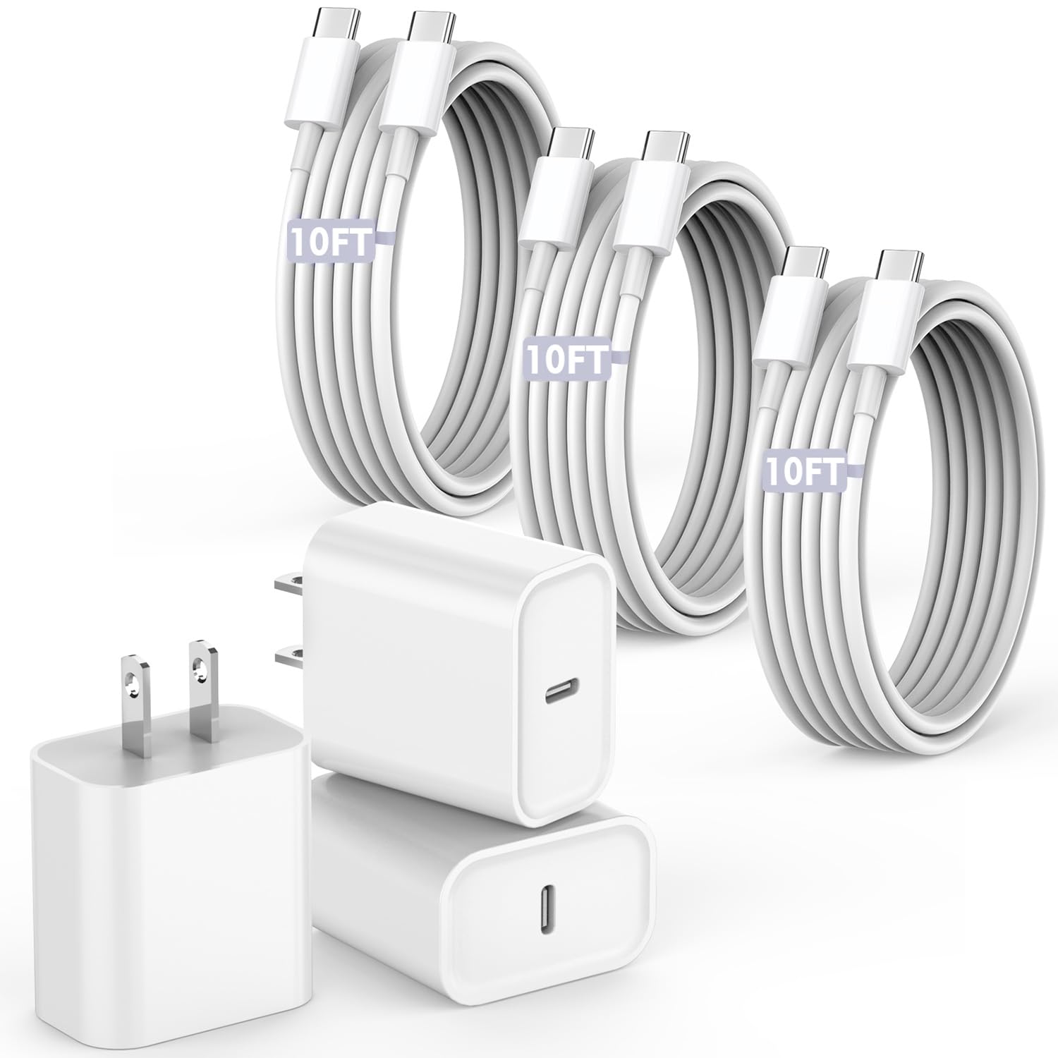 3-Pack 10FT USB C to USB C Fast Charging Cable for iPhone 16/15 Series - 20W PD Compatible with iPhone 16 Pro/Plus/Pro Max, iPad Pro/Air/Mini - Extra Long 10-Foot Cord with Power Adapter - Perfect for Home, Office & Travel Charging