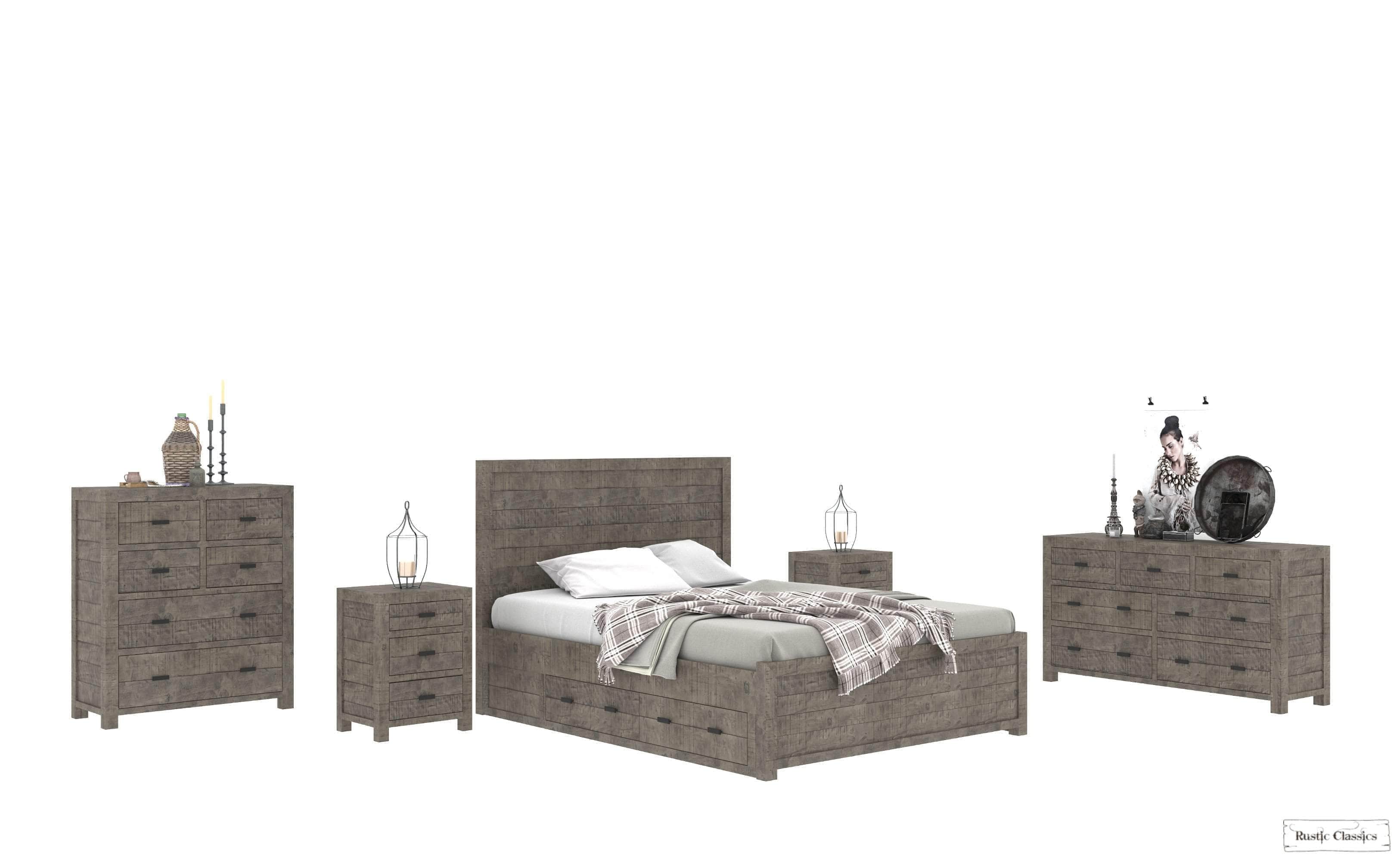 Whistler 5-Piece Reclaimed Wood Storage Platform Bedroom Set in Grey - Queen/King Size - Modern Farmhouse Bedroom Furniture for Cozy Home Decor