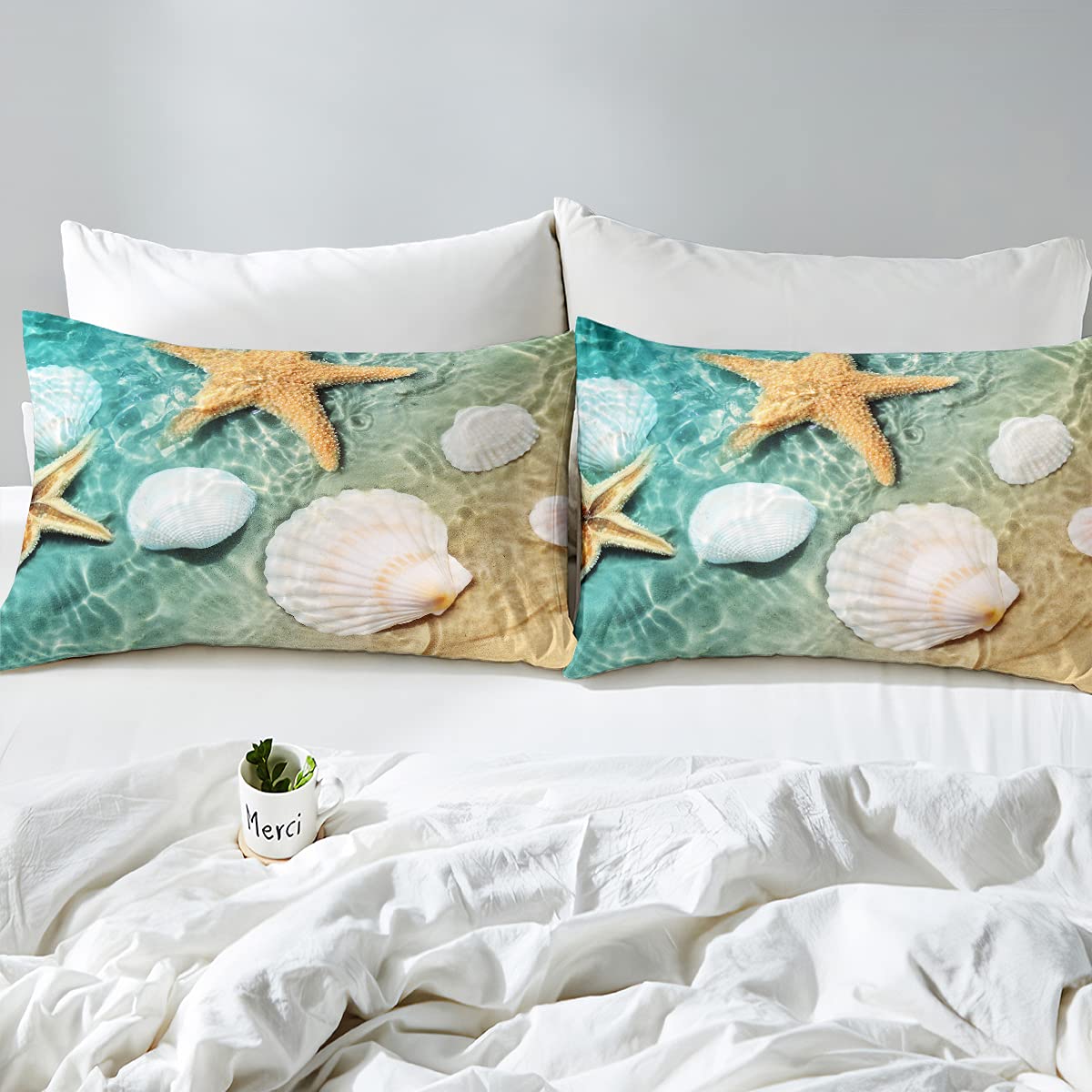 Ocean Themed Bedding Set - Teal Blue Sea Life Pattern Coastal Twin Sheet Set for Boys & Girls (1 Flat Sheet, 1 Fitted Sheet, 1 Pillowcase) - Perfect for Beach House Decor, Kids' Room & Coastal Themed Bedrooms