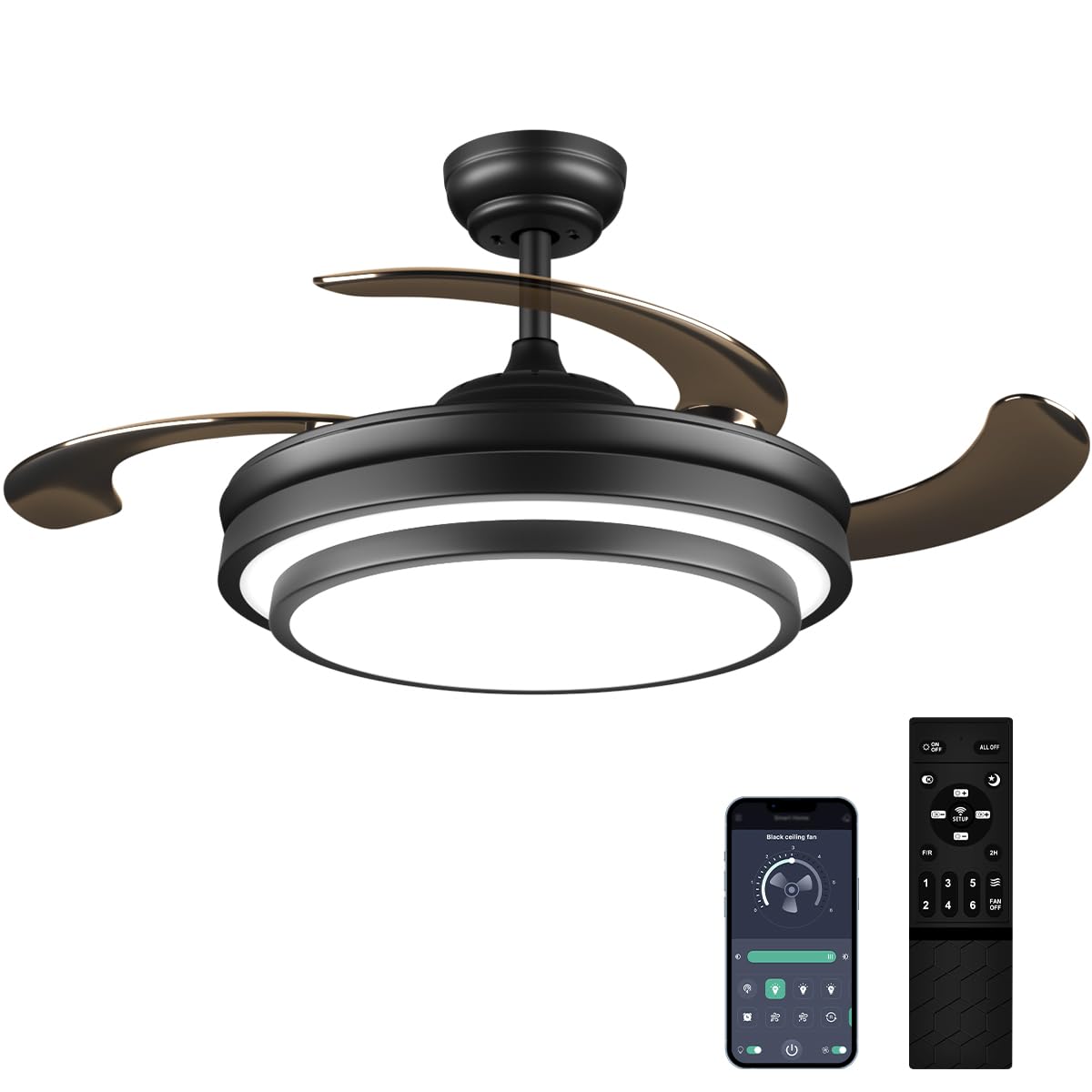 42 Inch Black Modern Ceiling Fan with Lights and Remote Control - 6 Speed Dimmable LED Smart Fandelier, Silent Reversible Blades, APP/WiFi Control for Bedroom, Kitchen, Living Room, Office - Energy Efficient Cooling & Stylish Home Decor