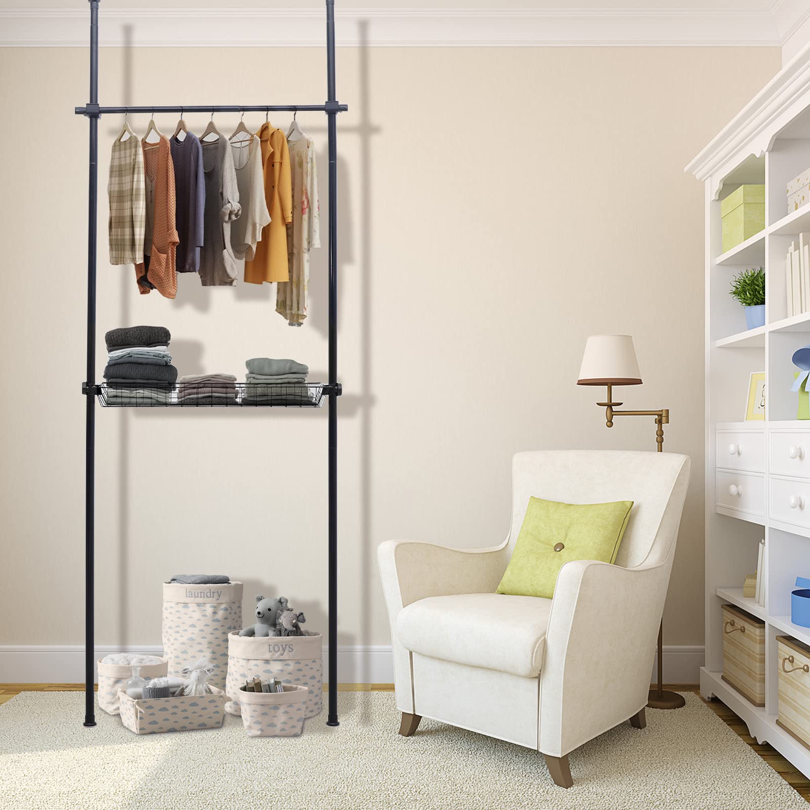 Adjustable Floor to Ceiling Clothes Hanger with Storage Basket - Space Saving Garment Rack Organizer for Bedroom & Living Room - Perfect for Small Apartments, Dorm Rooms & Closet Organization