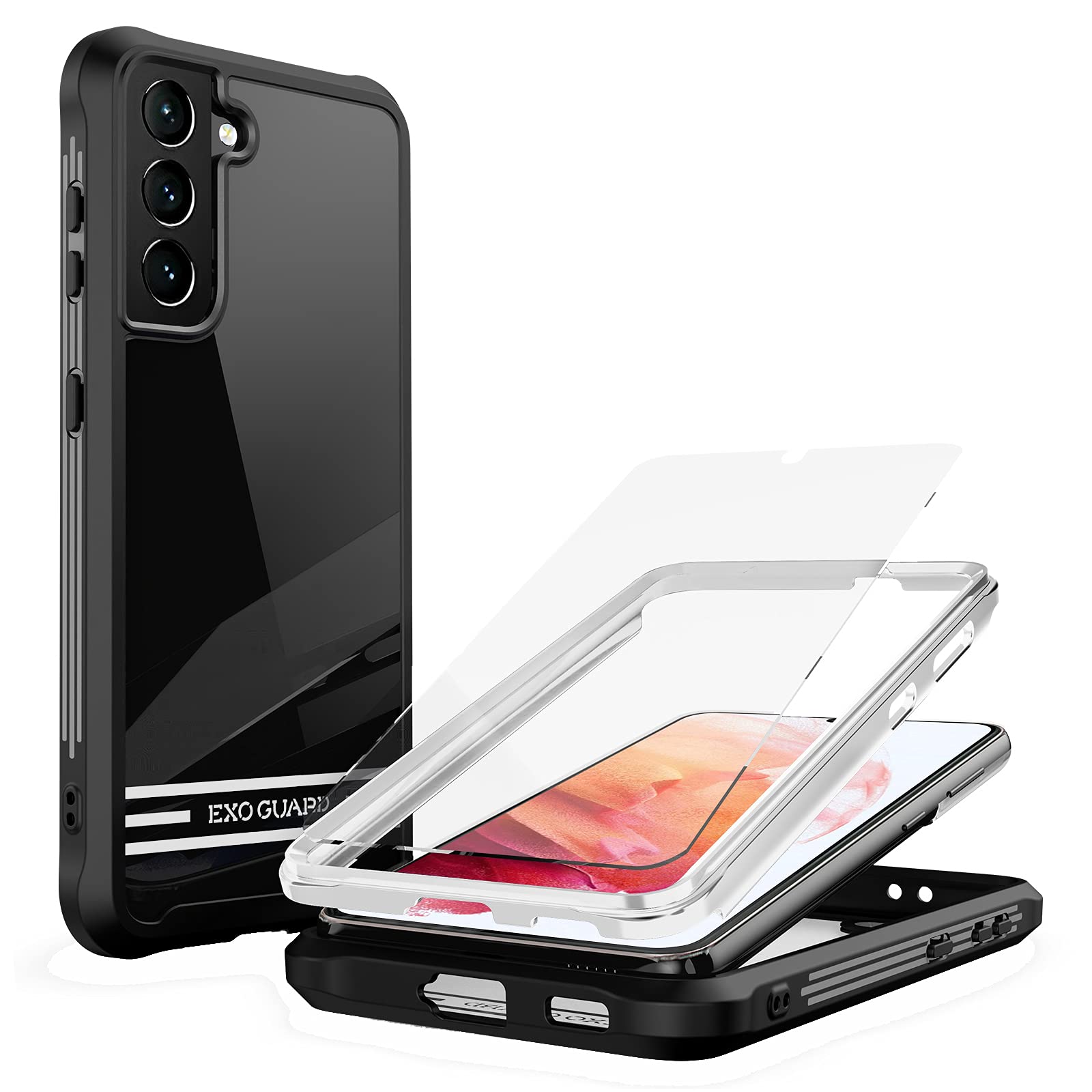ExoGuard Samsung Galaxy S21 5G Case with Tempered Glass Screen Protector | Dual Layer Shockproof Full Body Protection | Clear Back Phone Cover for Galaxy S21 5G (Black) | Perfect for Work, Travel & Outdoor Activities