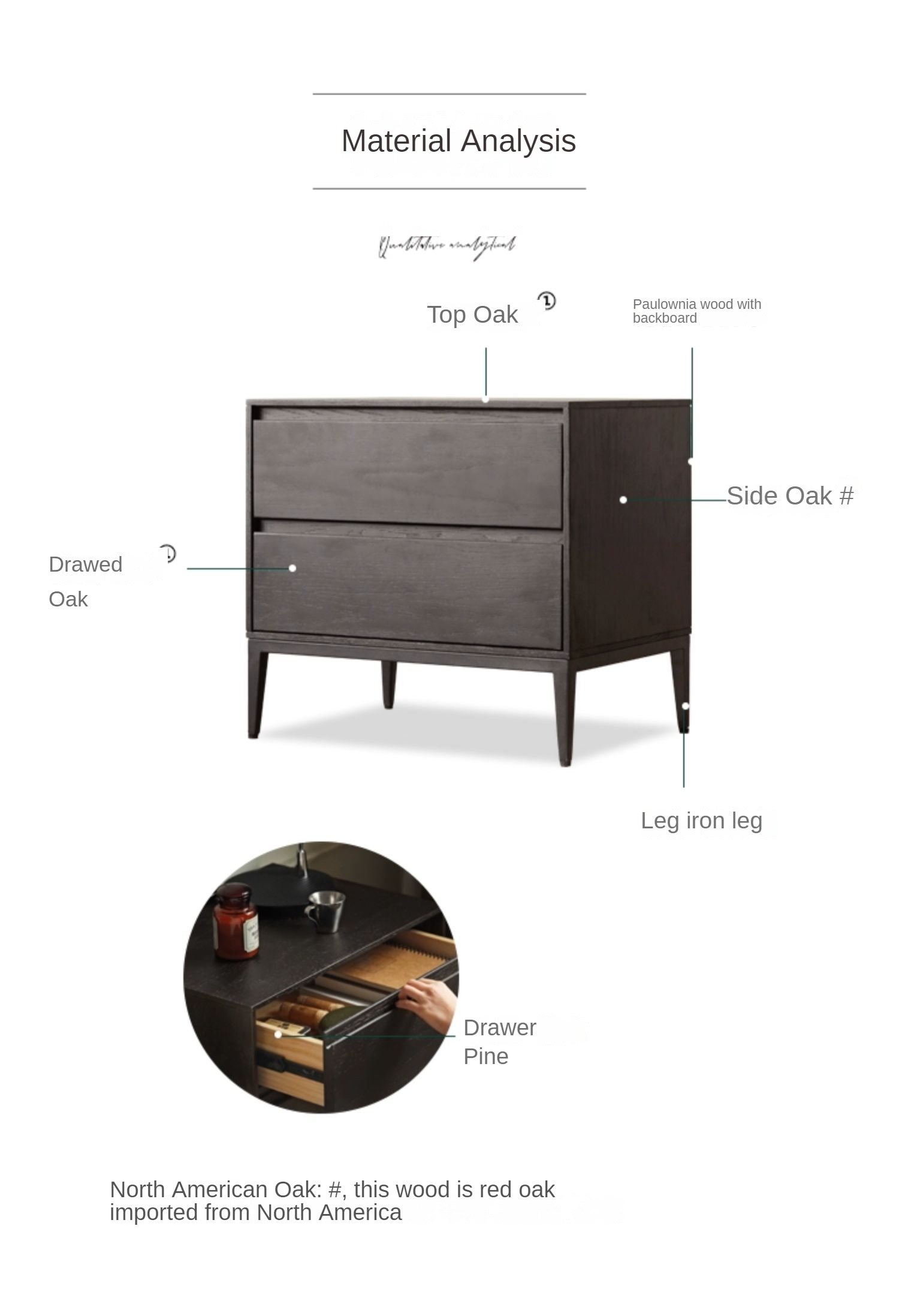 Solid Oak Wood Nightstand in Smoke Finish - Modern Bedside Table for Bedroom, Living Room, or Office