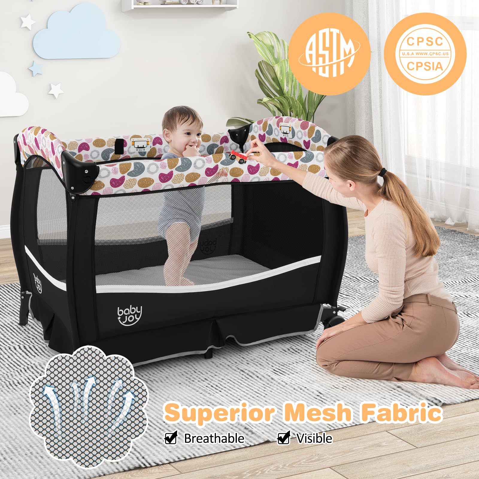 BABY JOY 4-in-1 Portable Baby Playard with Bassinet, Changing Table & Canopy - Foldable Playpen with Storage Basket for Newborn to Toddlers (Circle Design) - Perfect for Nursery, Travel & Indoor/Outdoor Play