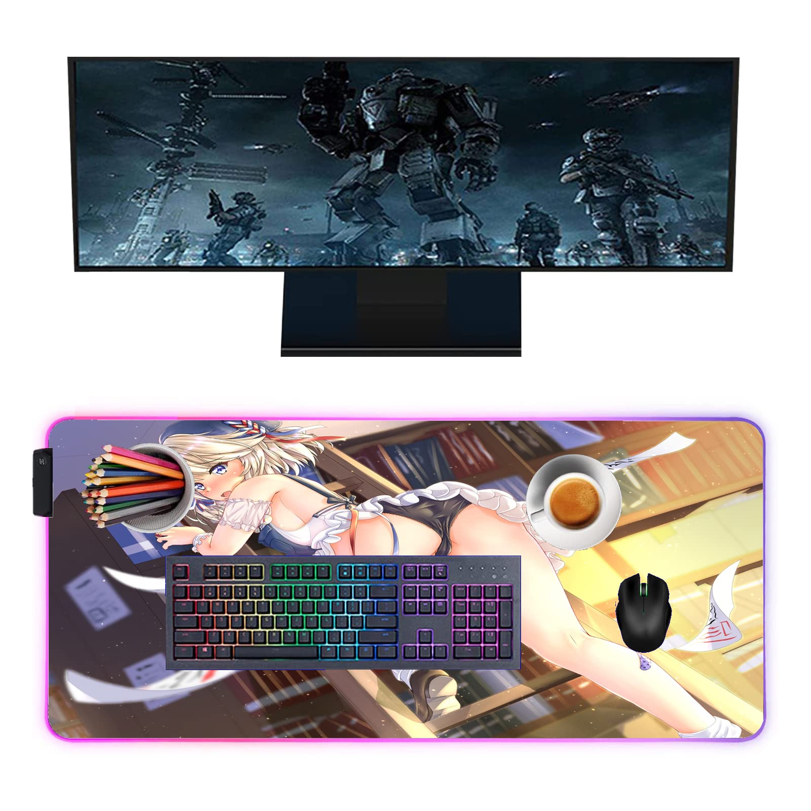 RGB Gaming Mouse Pad with LED Lighting - 31.49x12 Inch Large Anti-Slip Desk Mat for PC/Laptop - Anime Girl Design for Gamers | Perfect for Gaming Setups, Office Work & Streaming Stations