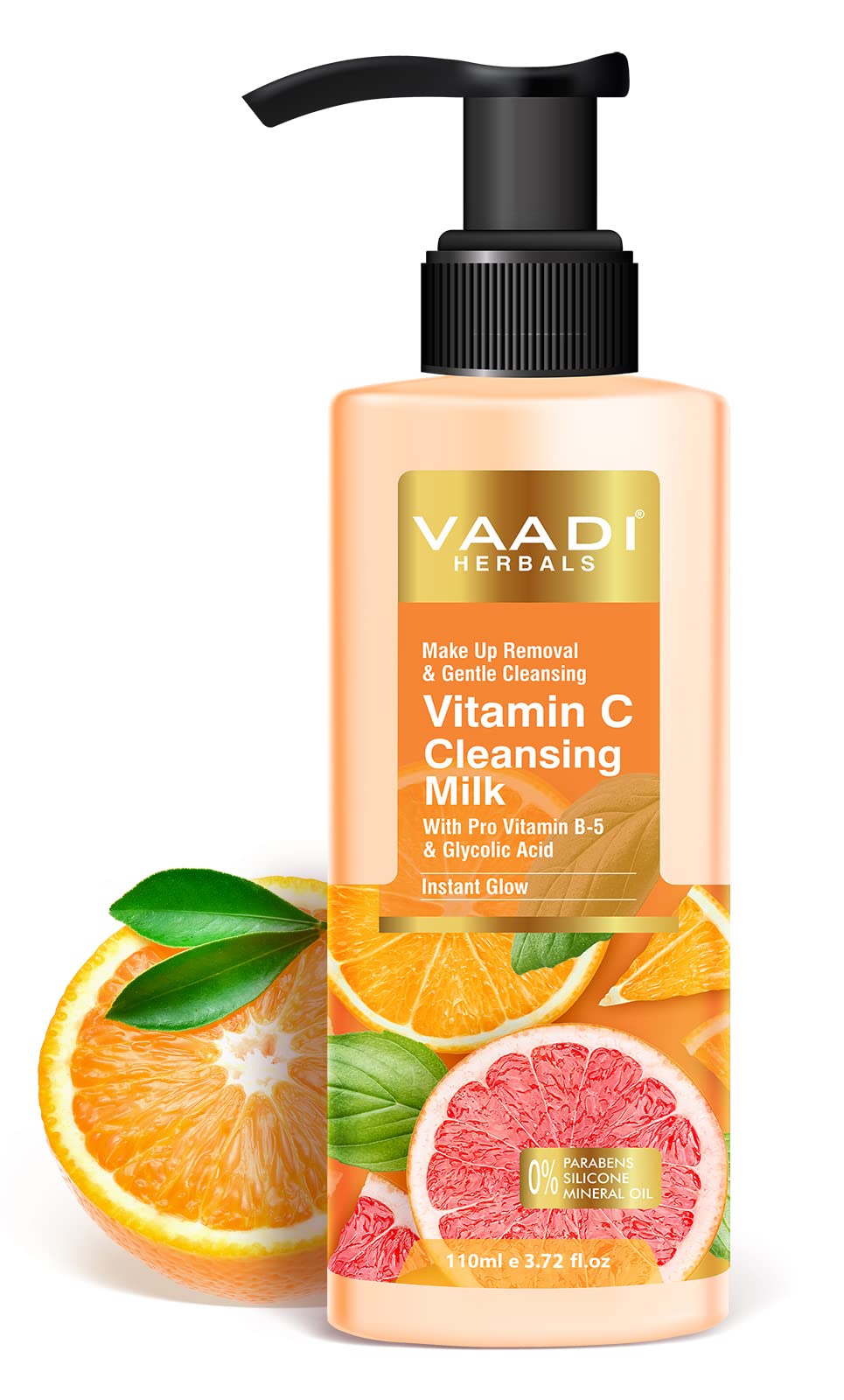 Vaadi Herbals Vitamin C Cleansing Milk with Pro Vitamin B5 & Glycolic Acid - Hydrating Makeup Remover & Instant Facial Cleanser (110ml) for Glowing Skin | Perfect for Daily Skincare Routine & Travel-Friendly Beauty Essential