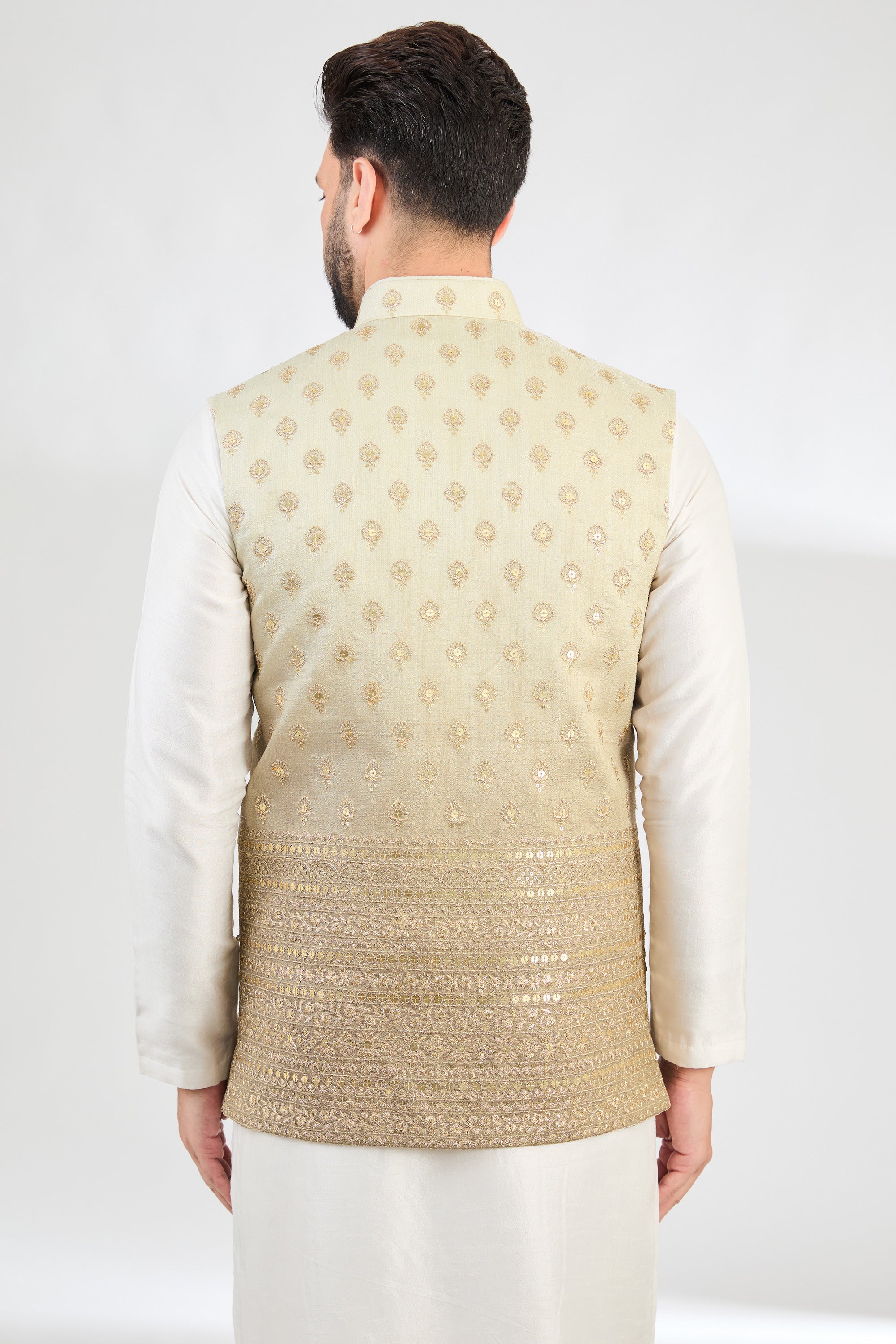 Elegant Ombre Nude Grey Nehru Jacket with Zari Embroidery - Perfect for Weddings & Festive Occasions   Stylish Ombre Coral Peach Nehru Jacket with Zari Embroidery - Ideal for Parties & Cultural Events