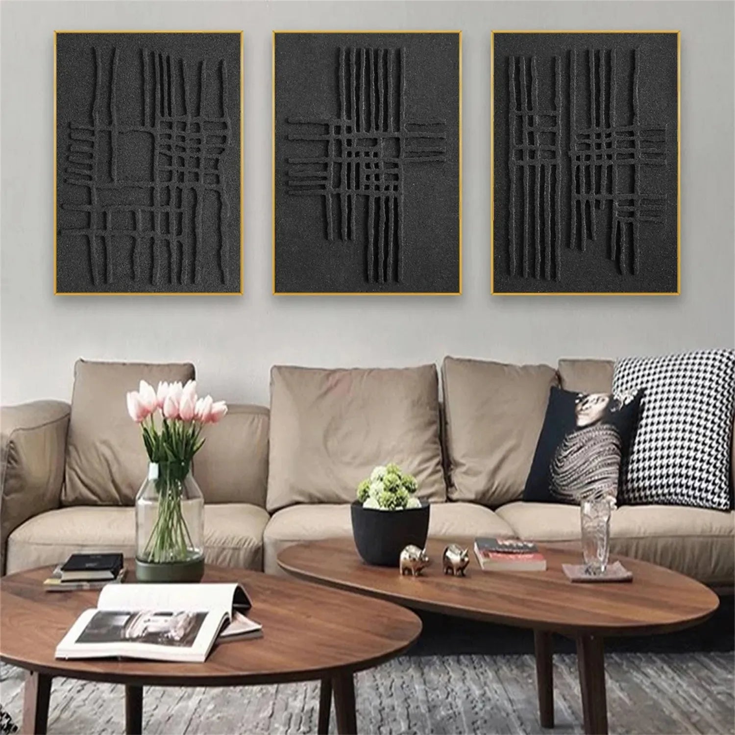 Black Minimalist Textured Painting Canvas Set of 3 - Modern Abstract Wall Art for Living Room, Bedroom & Office Decor #MZ119