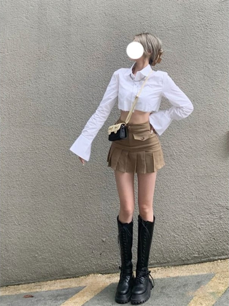 Lovevop Women's High Waist Pleated A-Line Mini Skirt - Korean Fashion Patchwork Design with Button Pocket | Back to School, Casual Streetwear, Office Wear & Date Night Outfits