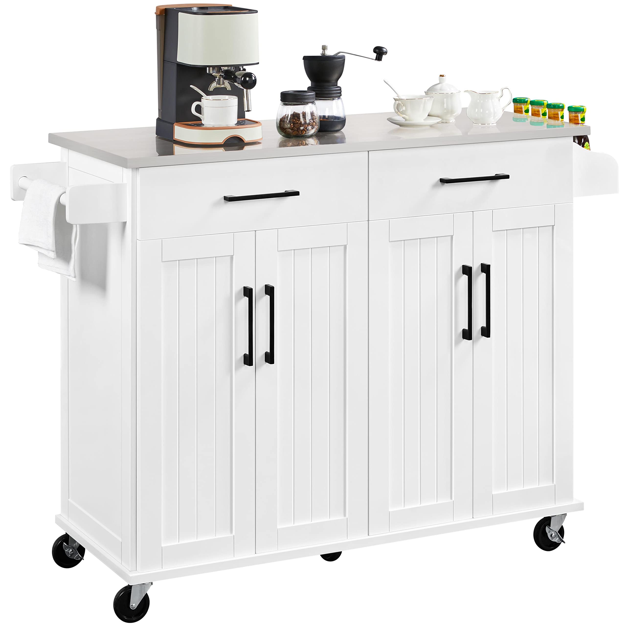 Yaheetech White Kitchen Island Cart with Stainless Steel Countertop, Portable Rolling Cabinet with Adjustable Shelves & 2 Drawers, Perfect for Small Kitchens, Dining Rooms, and Home Office Storage