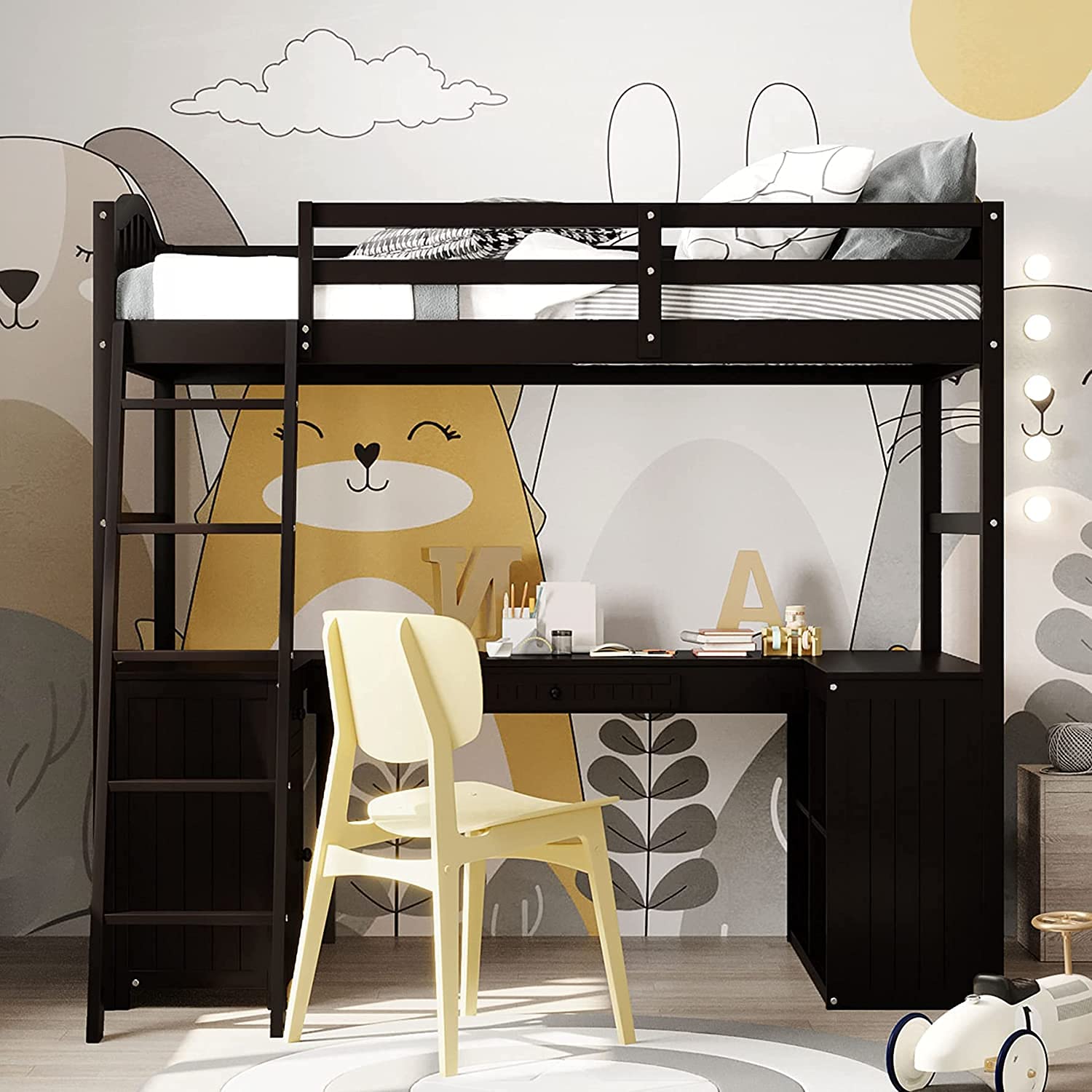 **Space-Saving Loft Bed with Desk & Storage - Twin Size Wooden Loft Bed with Drawers, Cabinet & Shelves - Kids Study & Sleep Solution (Espresso Finish, No Box Spring Needed) - Perfect for Small Bedrooms, Dorms & Apartments**