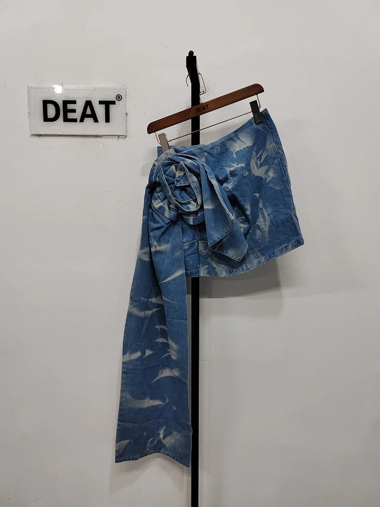 DEAT Fashion Women's High Waist Asymmetric Denim Skirt with 3D Rose Flower - Blue Short Skirt for Summer | Perfect for Casual Outings, Beach Vacations & Date Nights